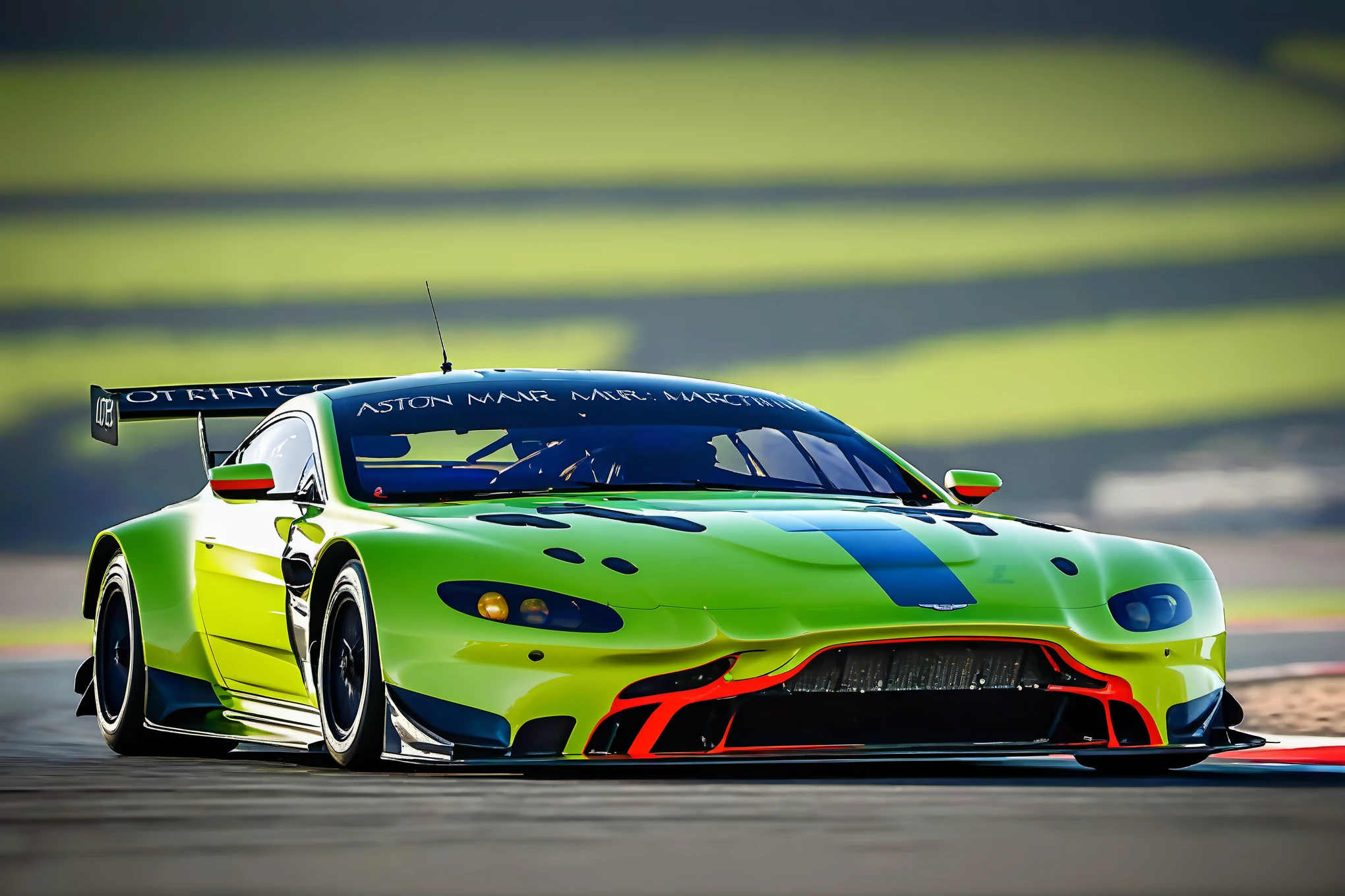 aston martin v8 vantage amr gte, in motion, driving, racing, race track, cinematic lighting, award winning, masterpiece, (best quality:1.3), super detail, 4k, UHD, HDR