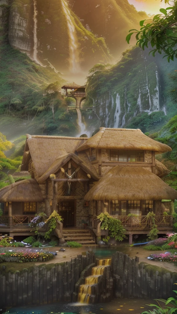 (a house with thatched roof, rustic wooden walls),(tropical rainforest),(a serene lake),(a majestic waterfall),(a towering mountain),(a colorful sunset),(lush flowers in full bloom),(best quality, highres),(ultra-detailed),(realistic),(landscape),(vivid colors),(golden hues),(soft lighting)
