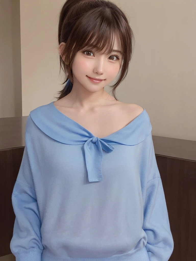 blue onepeace,one girl,brown hair, hair over neck, ponytail, grin, blush, Surrealism, Hyperrealism, Verism, wide shot, UHD, masterpiece, ccurate, anatomically correct, textured skin, super detail, high details, high quality, highres, 1080P, HD, 8k