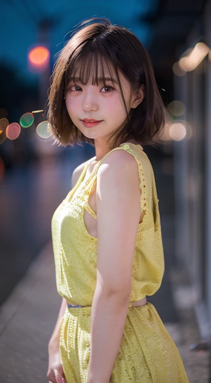 ((((Whole body 1.4)))),Body facing the viewer、Small breasts、Are standing、highest quality, 8k, 15-year-old student, , RAW Photos, Absurd, Award-winning portraits, mouth, alone, night, neon, Idol'Face, Viola Lace, Gardenia, Delicate girl, Digital single-lens reflex camera, Looking at the audience, Frank, Sophisticated, Zola々right, Thin arms, Professional Lighting, Film Grain, chromatic aberration, (Eye and facial details:1.0), (Bokeh:1.1) , ,short hair、Priestess Costume,Shrine cleavage