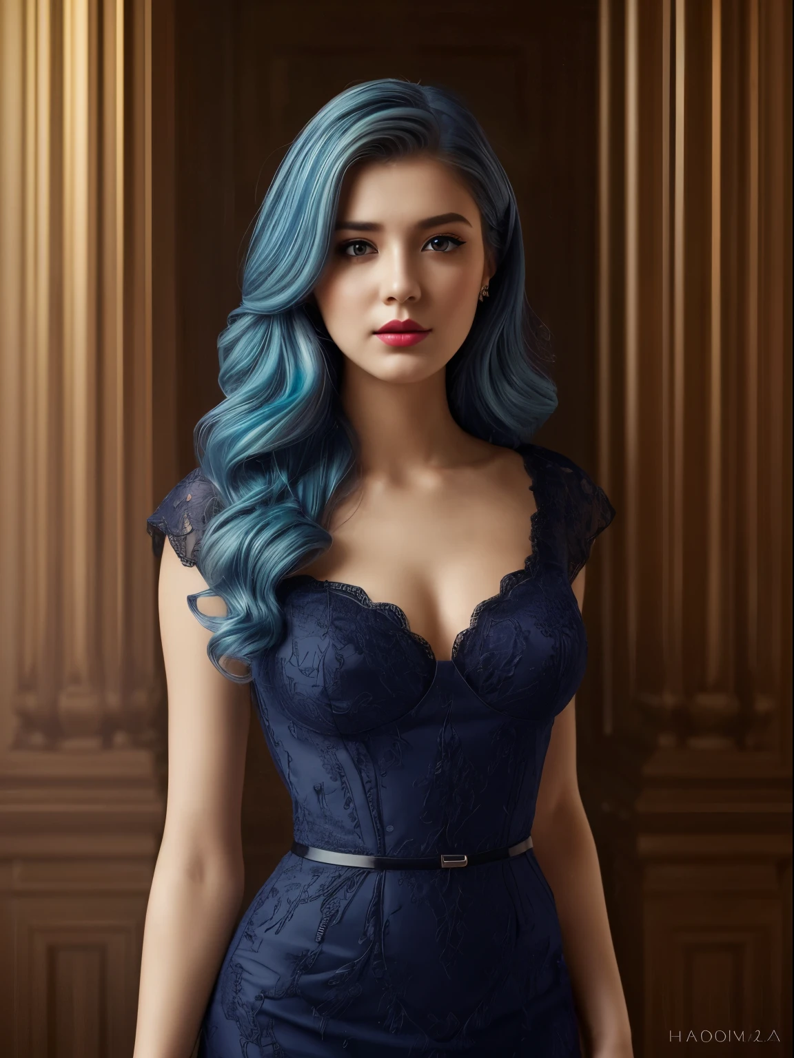(Best quality,8K,A high resolution,Masterpiece:1.2, DSLR, 16k ),Ultra-detailed,(Realistic,Photorealistic,photo-realistic:1.37),Portrait, Creative style artwork, Historical, classical, Sophisticated, plethora of colors ,Highly detailed, Soft lighting, luxurious environment , black dress, there is young woman , girl wearing a red classy royal dress, performing a music video, slim fit (oval perfect shape, asymmetrical face structure, perfect proportion, almond eye type, hazal eye color, detailed eyes, blue hair color, 32 inch breasts, hourglass figure, slim body, pale white skin tone ,sexy girl, 25 years old, soft wavy hair, looking away, attitude expression, professional makeup, pink lips)