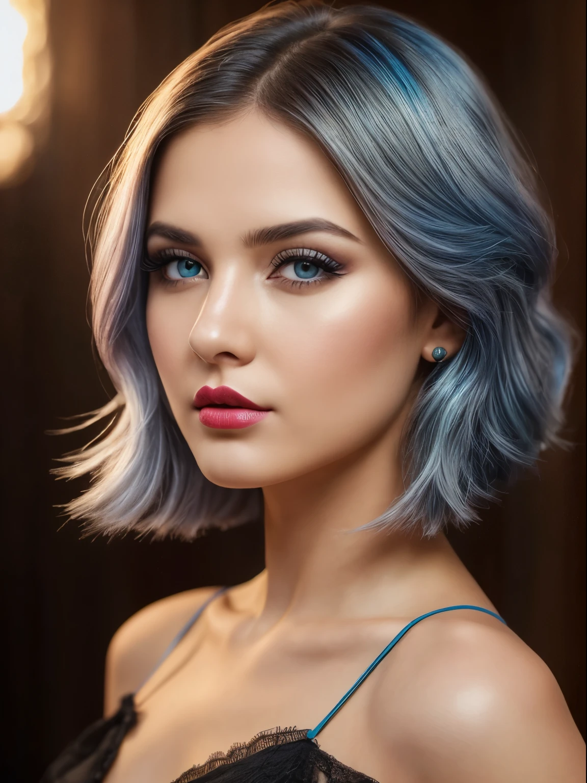 (Best quality,8K,A high resolution,Masterpiece:1.2, DSLR, 16k ),Ultra-detailed,(Realistic,Photorealistic,photo-realistic:1.37),Portrait, Creative style artwork, Historical, classical, Sophisticated, plethora of colors ,Highly detailed, Soft lighting, luxurious environment , black dress, there is young woman , girl wearing a red classy royal dress, performing a music video, slim fit (oval perfect shape, asymmetrical face structure, perfect proportion, almond eye type, hazal eye color, detailed eyes, blue hair color, 32 inch breasts, hourglass figure, slim body, pale white skin tone ,sexy girl, 25 years old, soft wavy hair, looking away, attitude expression, professional makeup, pink lips)