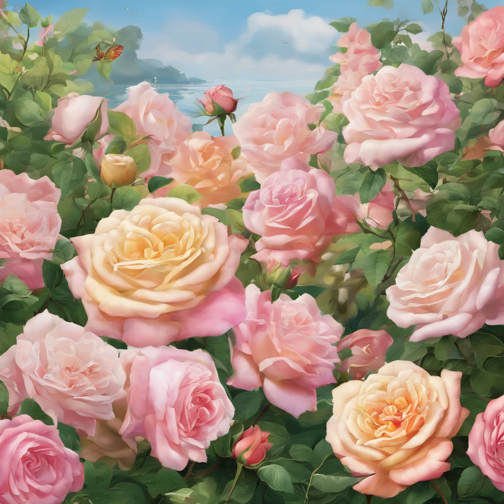 (a close-up view ,rosefield,Beautiful roses,blooming roses,bright colors,Tightly packed roses,soft petals,breeze,green leaves,fertile land,refreshing scent,Summer mood,peaceful atmosphere,blooming nature,the beauty of serenity,(best quality,high resolution,masterpiece:1.2),very detailed,In fact,photoIn fact,soft light,fancy,impressionist style