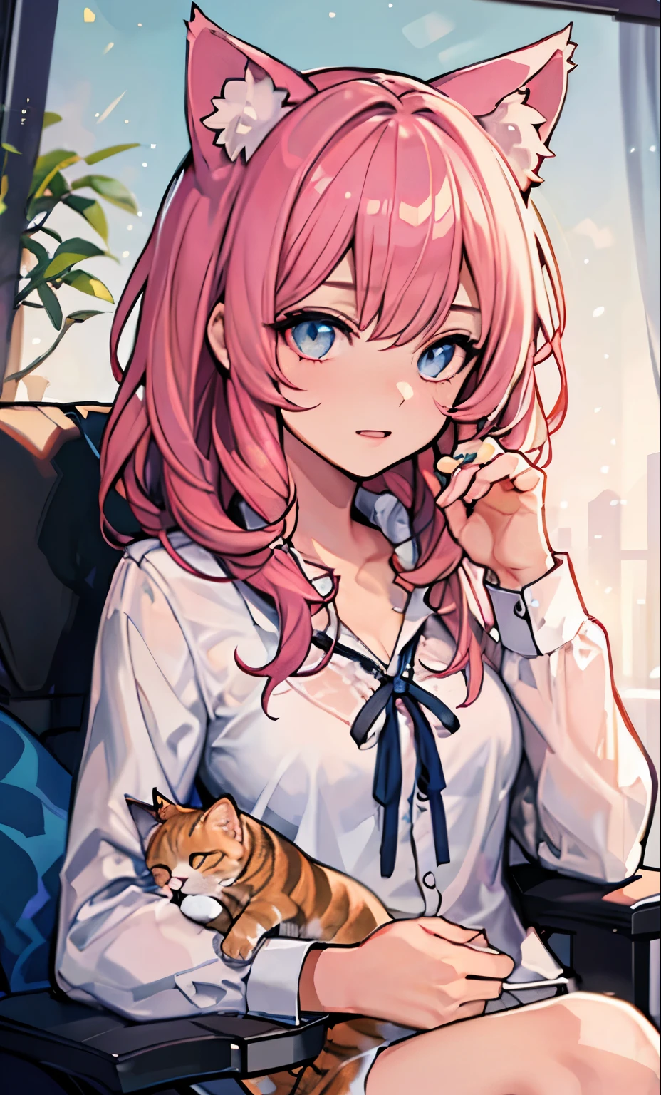 highest quality, Clean and well-groomed face, clear, Cat ear, Pure girl, young woman, Cat pet lap,