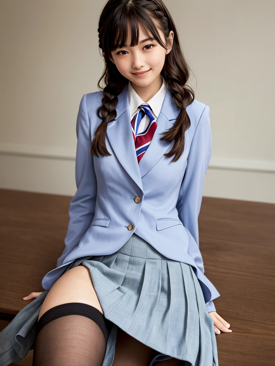 masterpiece, High resolution, Portraiture, highest quality, High resolution,
Realistic, alone, school blazer uniform, School classroom during the day,Smiling and showing beautiful teeth,(Braid),Less exposure、Large Breasts、Very young face、Small woman、A blazer uniform that reveals the shape of the breasts、skirt、Beautiful legs、whole body