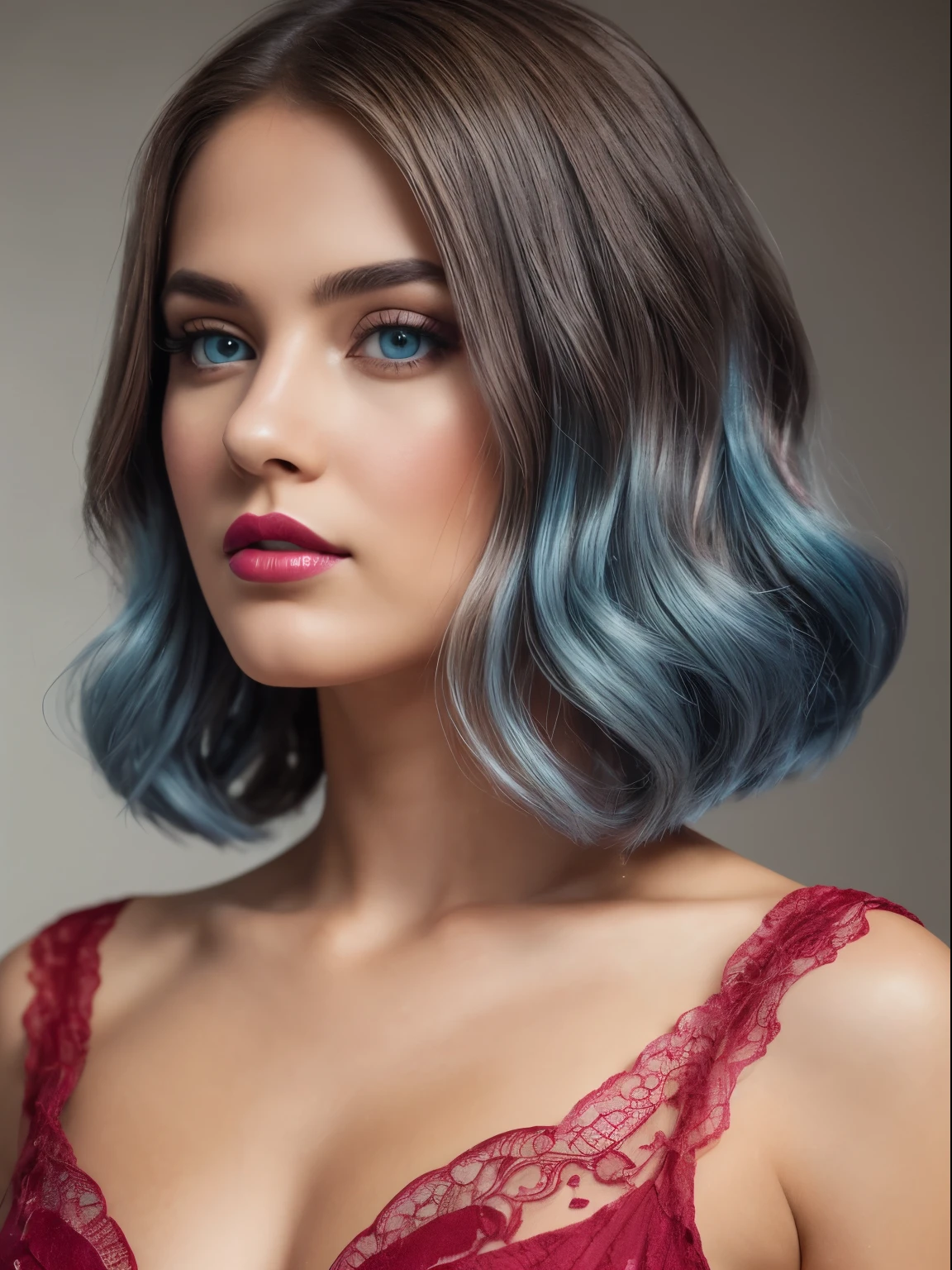 (Best quality,8K,A high resolution,Masterpiece:1.2, DSLR, 16k ),Ultra-detailed,(Realistic,Photorealistic,photo-realistic:1.37),Portrait, Creative style artwork, Historical, classical, Sophisticated, plethora of colors ,Highly detailed, Soft lighting, luxurious environment , black dress, there is young woman , girl wearing a red classy royal dress, performing a music video, slim fit (oval perfect shape, asymmetrical face structure, perfect proportion, almond eye type, hazal eye color, detailed eyes, blue hair color, 32 inch breasts, hourglass figure, slim body, pale white skin tone ,sexy girl, 25 years old, soft wavy hair, looking away, attitude expression, professional makeup, pink lips)
