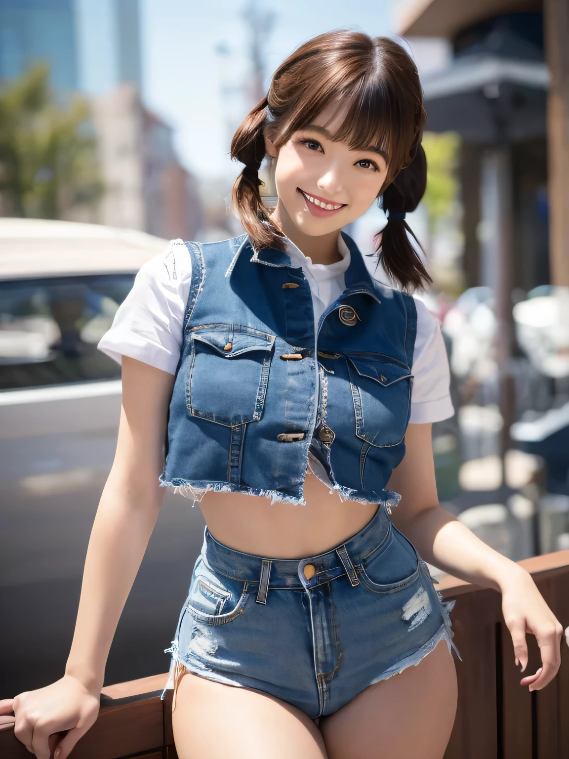 (sfw:1.5)、(((1 female)))、masterpiece, RAW Photos, highest quality, reality、Depth of written boundary, Lens flare,  （Low cut and tight )、（ultra short distance，Denim hot pants））,((Long legs)), （Thigh Gap：1.6），Small waist、（Wide Hips），（Big Ass），pretty girl, Idol,(Big smile:1.3),Small waist、（Big Ass:1.6），（White crop top：1.5）、Brightly colored vest， short hair, Redhead， reality， photo shoot，（Exquisite detail）， Very detailed， High resolution， original，  highest quality， Detailed face， (Very beautiful face, Beautiful Lips, Beautiful big eyes、Droopy eyes), A face with intricate details, （Plump red lips），（Thigh Gap：1.5），Small waist、（Wide Hips） 、short hair, Black Hair、Twin tails，Open chest, Turn around, (((Buckshot)))