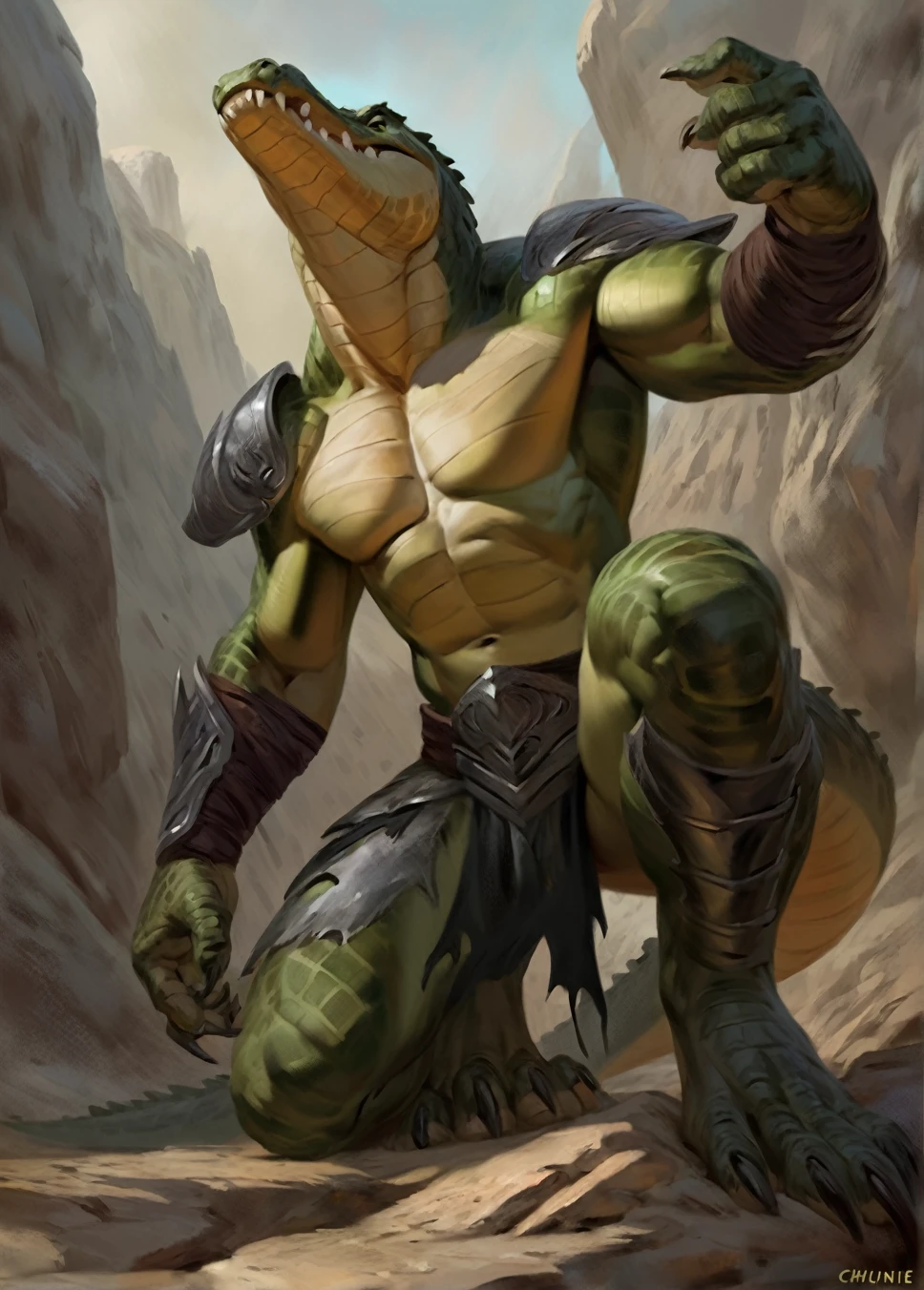 Gamera, comic book style, illustration, solo, ferocious, male, [[masculine pose]], torn loincloth, masterpiece, best art, full body, by chunie, by taran fiddler, by honovy, detailed eyes, detailed body, claws, masculine body shape, fantasy, tall, topless, pecs, abs