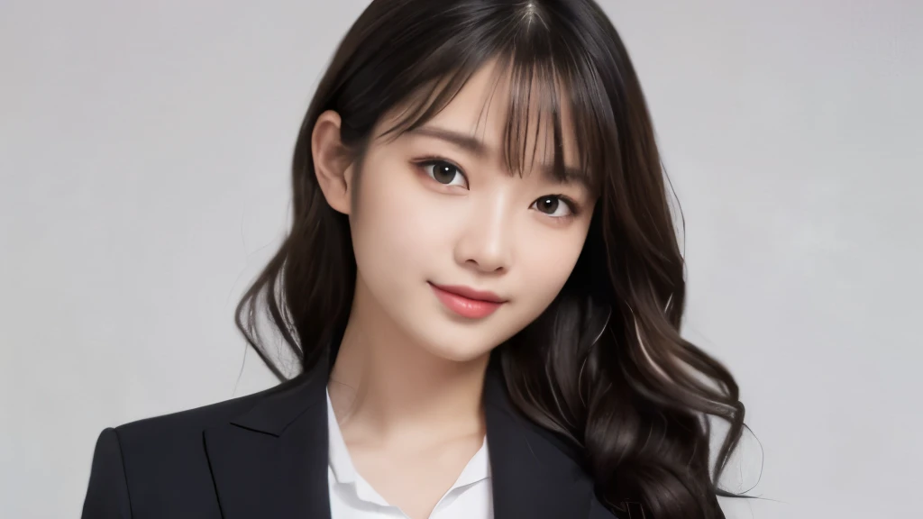 (masterpiece:1.2,highest quality),((White background)),((Photographed with an ultra-wide-angle single focus lens)),depict the upper body,1 young woman,((suit)),(Big Breasts),((Look to the side)),Black wavy hair,((Fine and beautiful eyes)),blushed,Healthy Skin,(smile),8k resolution