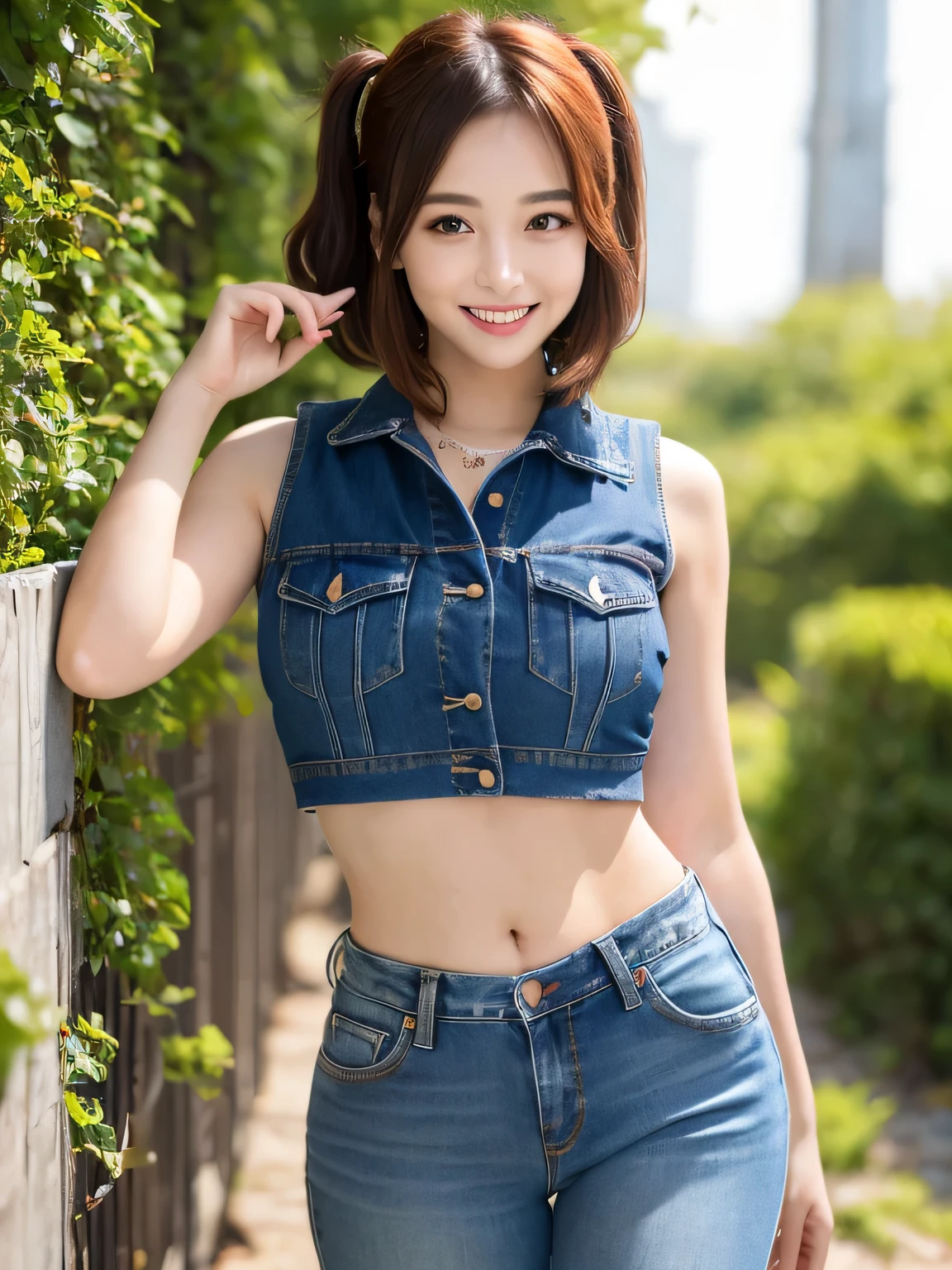 (sfw:1.5)、(((1 female)))、masterpiece, RAW Photos, highest quality, reality、Depth of written boundary, Lens flare, (Low cut and tight )、(ultra short distance,Denim hot pants)),((Long legs)), (Thigh Gap:1.6),Small waist、(Wide Hips),(Big Ass),pretty girl, Idol,(Big smile:1.3),Small waist、(Big Ass:1.6),(White crop top:1.5)、Brightly colored vest, short hair, Redhead, reality, photo shoot,(Exquisite detail), Very detailed, High resolution, original, highest quality, Detailed face, (Very beautiful face, Beautiful Lips, Beautiful big eyes、Droopy eyes), A face with intricate details, (Plump red lips),(Thigh Gap:1.5),Small waist、(Wide Hips) 、short hair, Black Hair、Twin tails,Open chest, Turn around, (((Buckshot)))