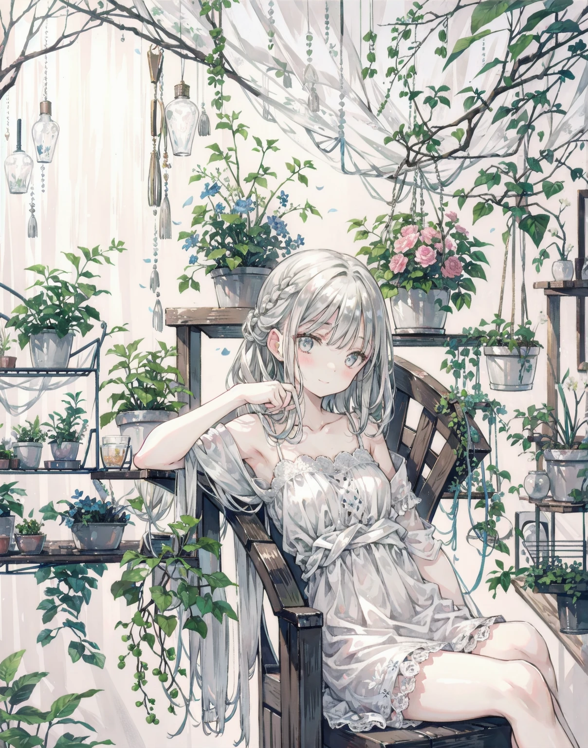 natural lighting, gentle smile, upturned cheeks, slightly shining silver gray hair, coquettish hair, half up do, silky luster, plants, flowers, spring ephemerals,