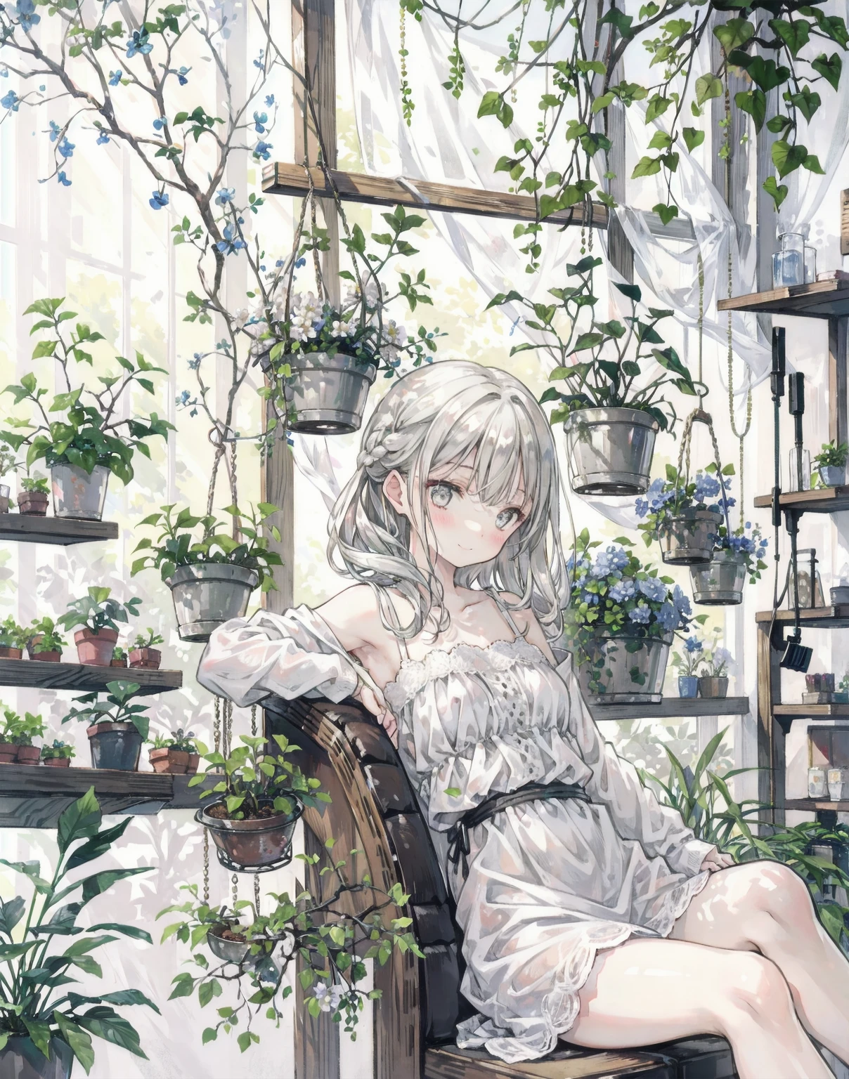 natural lighting, gentle smile, upturned cheeks, slightly shining silver gray hair, coquettish hair, half up do, silky luster, plants, flowers, spring ephemerals,