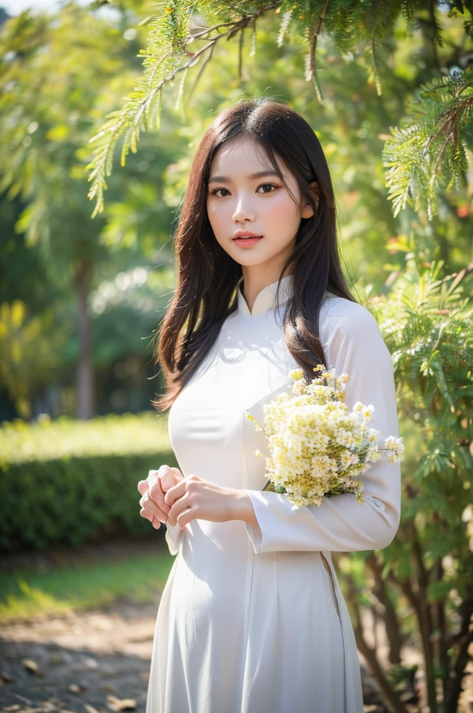 (best quality,4k,8k,highres,masterpiece:1.2),ultra-detailed,realistic,close-up portrait,Asian girl, intricate detail Vietnamese Ao Dai,beautiful detailed hair,lively colors,graceful pose,elegant atmosphere,vibrant flowers,soft sunlight,nostalgic vibes,sunlit cobblestones, ancient street,ancient architecture.
