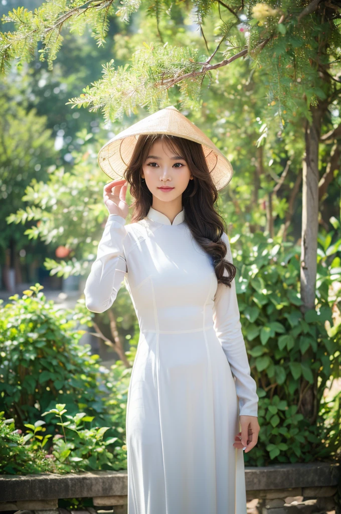 (best quality,4k,8k,highres,masterpiece:1.2),ultra-detailed,realistic,close-up portrait,Asian girl, intricate detail Vietnamese Ao Dai,beautiful detailed hair,lively colors,graceful pose,elegant atmosphere,vibrant flowers,soft sunlight,nostalgic vibes,sunlit cobblestones, ancient street,ancient architecture.