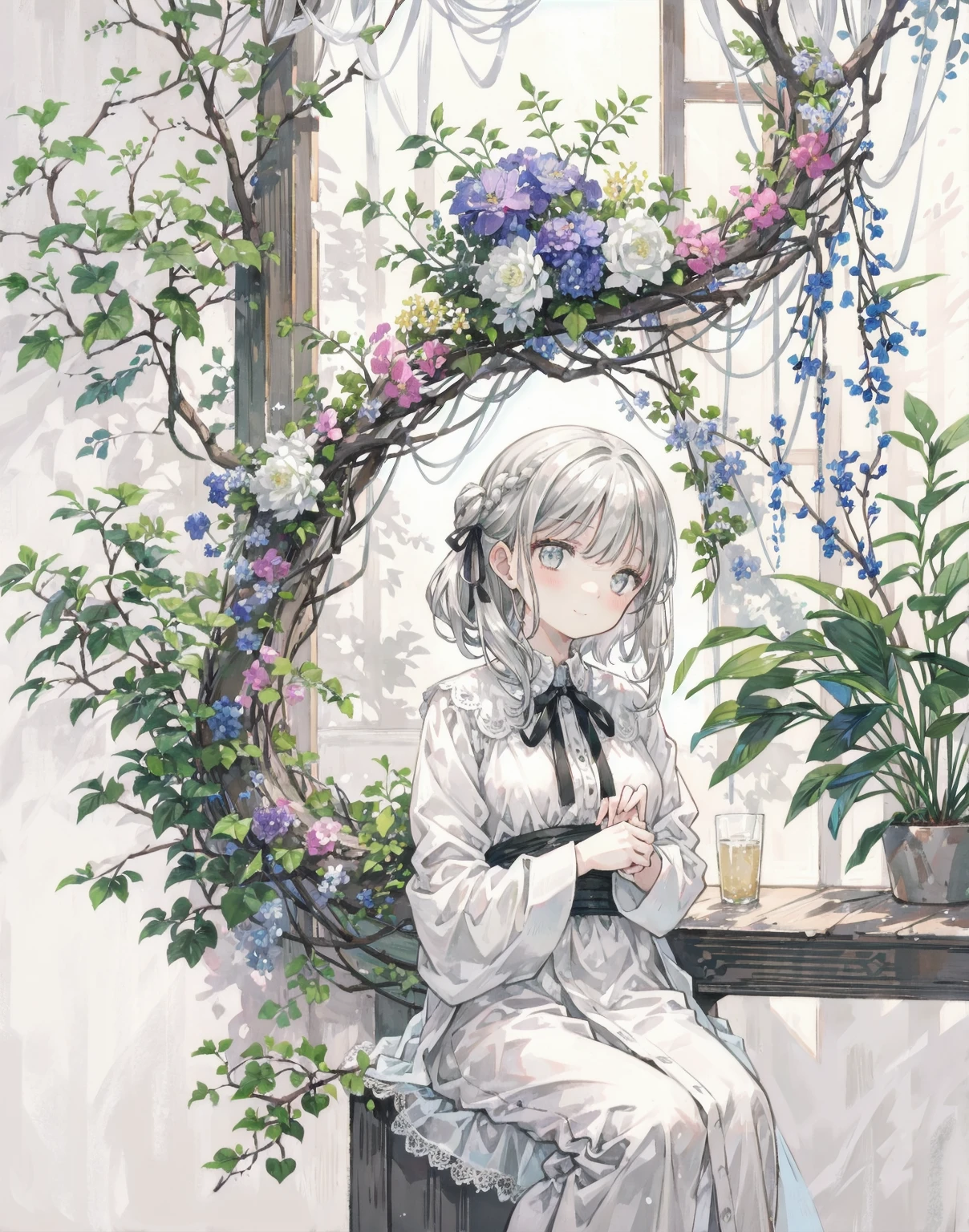 natural lighting, gentle smile, upturned cheeks, slightly shining silver gray hair, coquettish hair, half up do, silky luster, plants, flowers, spring ephemerals, 