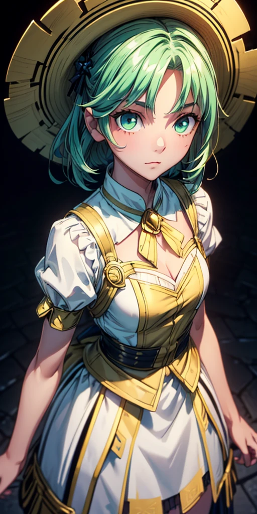 (One girl、Dressed in a dress and hat, girls' frontline, Midsummer themed costumes, multilayered outfit,Dressed, Mid summer、Soio、Top image quality, Transverse conveying，Half-length picture，largeeyes，eye closeup，（with short golden hair），（Green eyes），hair scrunchie，small thighest qualtiy， （stocklings，Elaborate Eyes, head looking up，Reasonable body structure，Young，Extremely detailed face, Perfect lighting, Extremely detailed CG, (Perfect hands, Perfect anatomy)