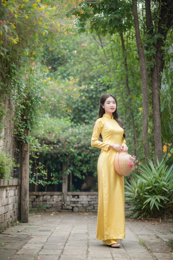 (best quality,4k,8k,highres,masterpiece:1.2),ultra-detailed,realistic,close-up portrait,Asian girl, intricate detail Vietnamese Ao Dai,beautiful detailed hair,lively colors,graceful pose,elegant atmosphere,vibrant flowers,soft sunlight,nostalgic vibes,sunlit cobblestones, ancient street,ancient architecture.