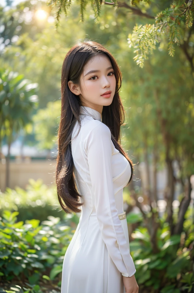 (best quality,4k,8k,highres,masterpiece:1.2),ultra-detailed,realistic,close-up portrait,Asian girl, intricate detail Vietnamese Ao Dai,beautiful detailed hair,lively colors,graceful pose,elegant atmosphere,vibrant flowers,soft sunlight,nostalgic vibes,sunlit cobblestones, ancient street,ancient architecture.