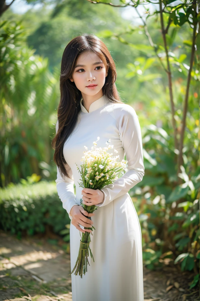 (best quality,4k,8k,highres,masterpiece:1.2),ultra-detailed,realistic,close-up portrait,Asian girl, intricate detail Vietnamese Ao Dai,beautiful detailed hair,lively colors,graceful pose,elegant atmosphere,vibrant flowers,soft sunlight,nostalgic vibes,sunlit cobblestones, ancient street,ancient architecture.