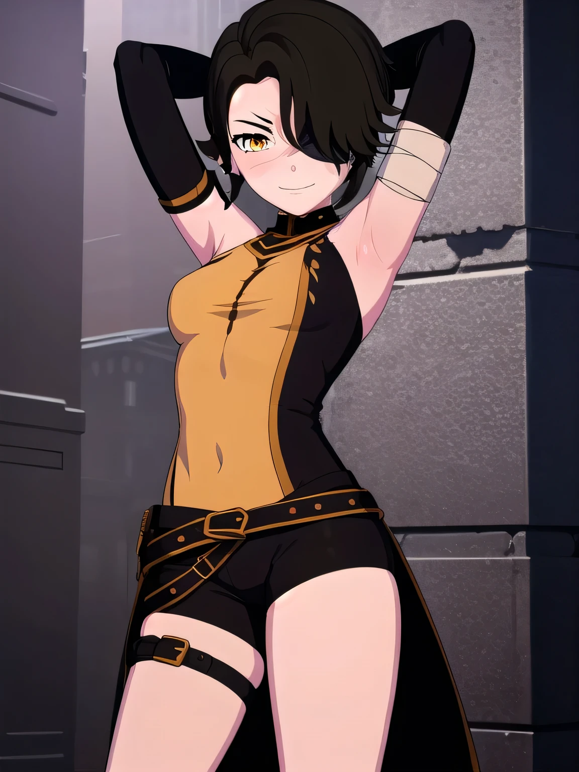 cinderfall, cinder fall, short hair, black hair, (yellow eyes:1.5),
BREAK gloves, dress, jewelry, earrings, black gloves, elbow gloves, hair over one eye, tattoo, scar, shorts, black gloves, belt, bandages, dress, black dress, solo,
contrapposto, spread armpit, arms behind head, smile, BREAK looking at viewer, (cowboy shot:1.5)