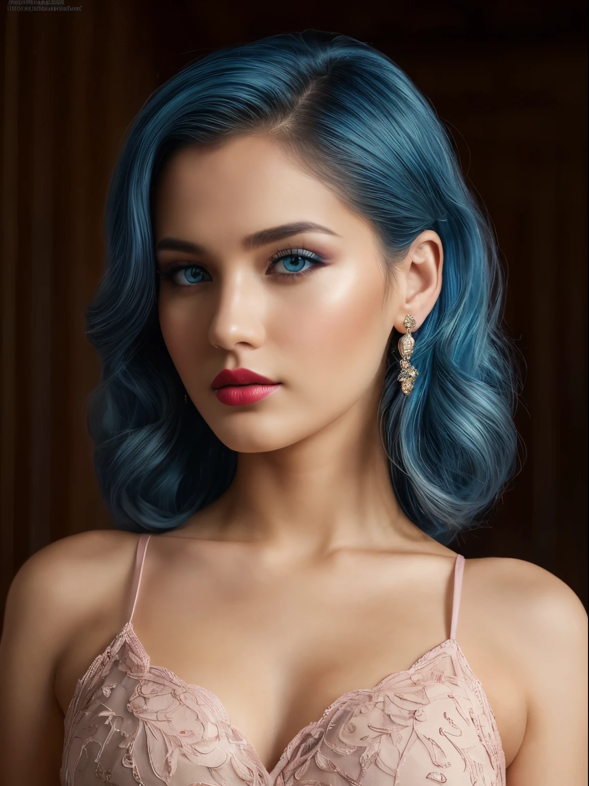 (Best quality,8K,A high resolution,Masterpiece:1.2, DSLR, 16k ),Ultra-detailed,(Realistic,Photorealistic,photo-realistic:1.37),Portrait, Creative style artwork, Historical, classical, Sophisticated, plethora of colors ,Highly detailed, Soft lighting, luxurious environment , black dress, there is young woman , girl wearing a red classy royal dress, performing a music video, slim fit (oval perfect shape, asymmetrical face structure, perfect proportion, almond eye type, hazal eye color, detailed eyes, blue hair color, 32 inch breasts, hourglass figure, slim body, pale white skin tone ,sexy girl, 25 years old, soft wavy hair, looking away, attitude expression, professional makeup, pink lips)