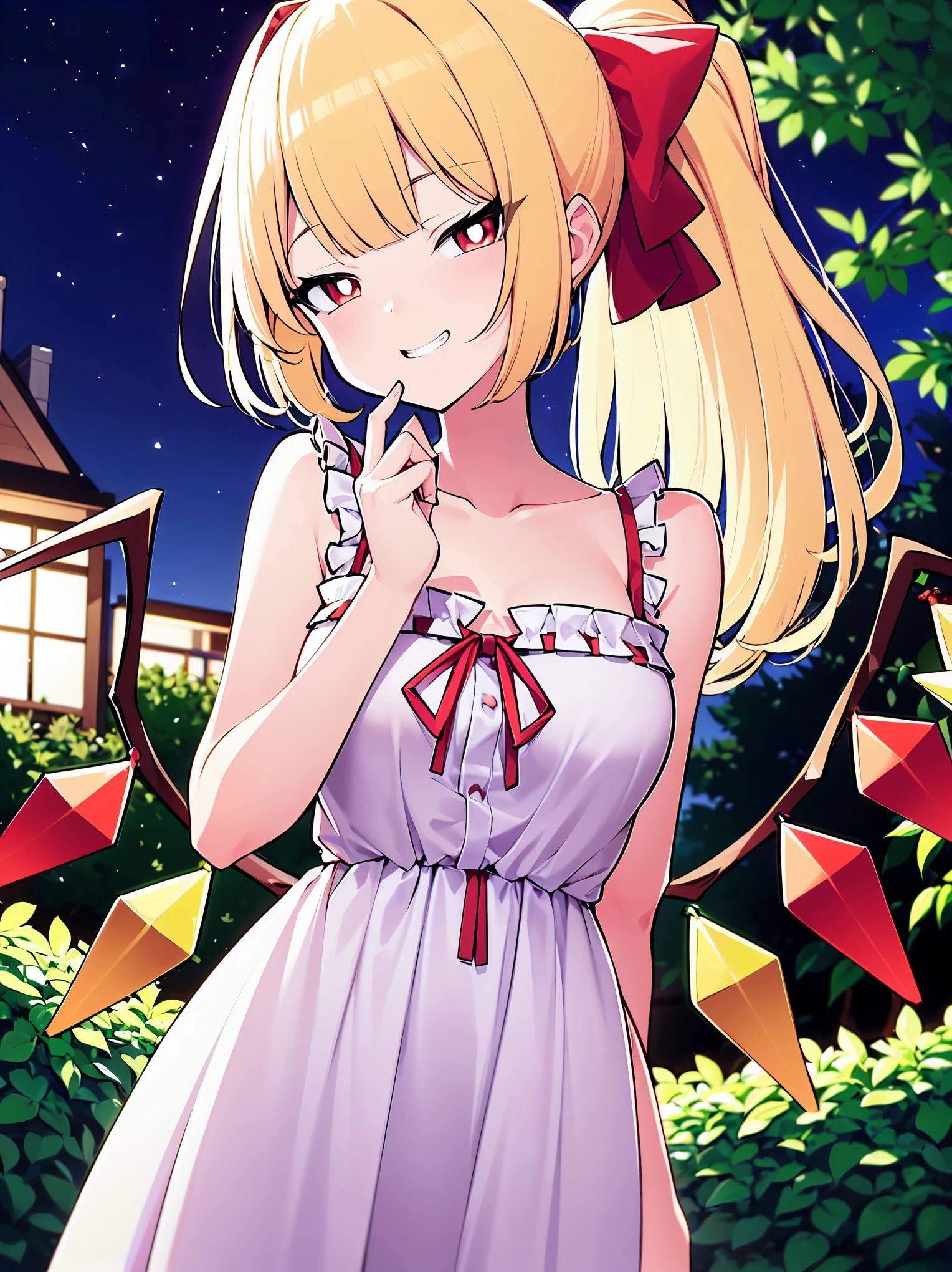 Anime girl in a white dress holding a red bow - SeaArt AI