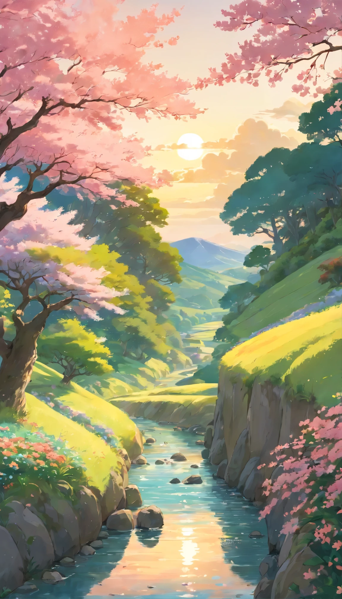 imagine an anime-style depiction of a serene countryside bathed in the golden light of the setting sun. Rolling hills dotted with colorful flowers stretch into the distance, while a gentle stream meanders through the lush greenery. A lone cherry blossom tree stands tall in the foreground, its delicate pink blossoms gently swaying in the breeze. Birds soar overhead, adding to the tranquil atmosphere