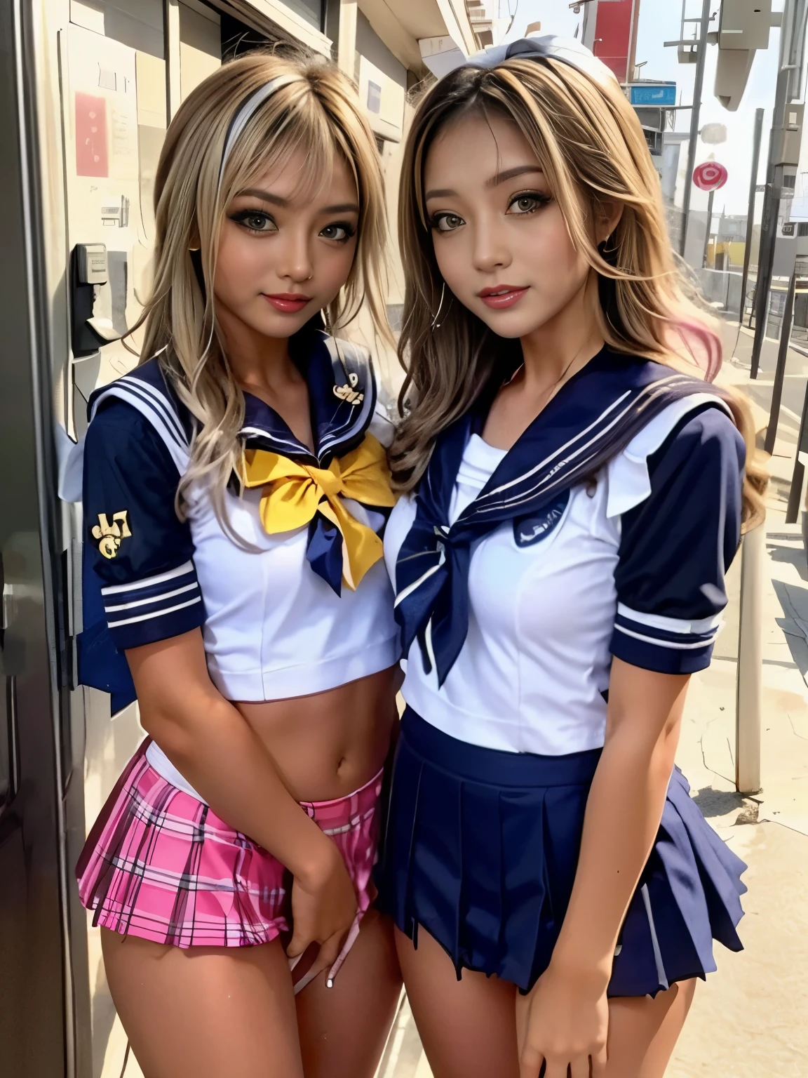 ミニスカートを履いたTwo peopleのhigh school girl:1.9,((Two people high school girl:2)),((Two people:2)),Dynamic Angle, Perfect body, night,moonlight,Exterior lights,Gal, (Anatomically correct),masterpiece, highest quality, RAW Photos, Realistic, face,Beautiful girls, cute, Written boundary depth, High resolution, Super detailed, detailed, ighly detailedd, Extremely detailed eye and realistic student, pale and tanned skin,Two peopleで,woman,(panties), (Short-sleeved sailor uniform:1.8),Spread your legs:1.6,Wide Hips, ((Sensual;1.5)), Glamour, Big Breasts,Sunburn marks on tanned skin,Pink Hair,blonde,Platinum Hair,Brown Hair,orange,Wavy Hair,Shortcuts,Pixie Cut,Cosplay,building,intersection,stage,Pedestrian bridge,vending machine,night,深night,Blurred Background:1.2,White panties,Pink panties,Yellow panties,Black panties,GirlTwo people:2,Two people:2, high school girl,
