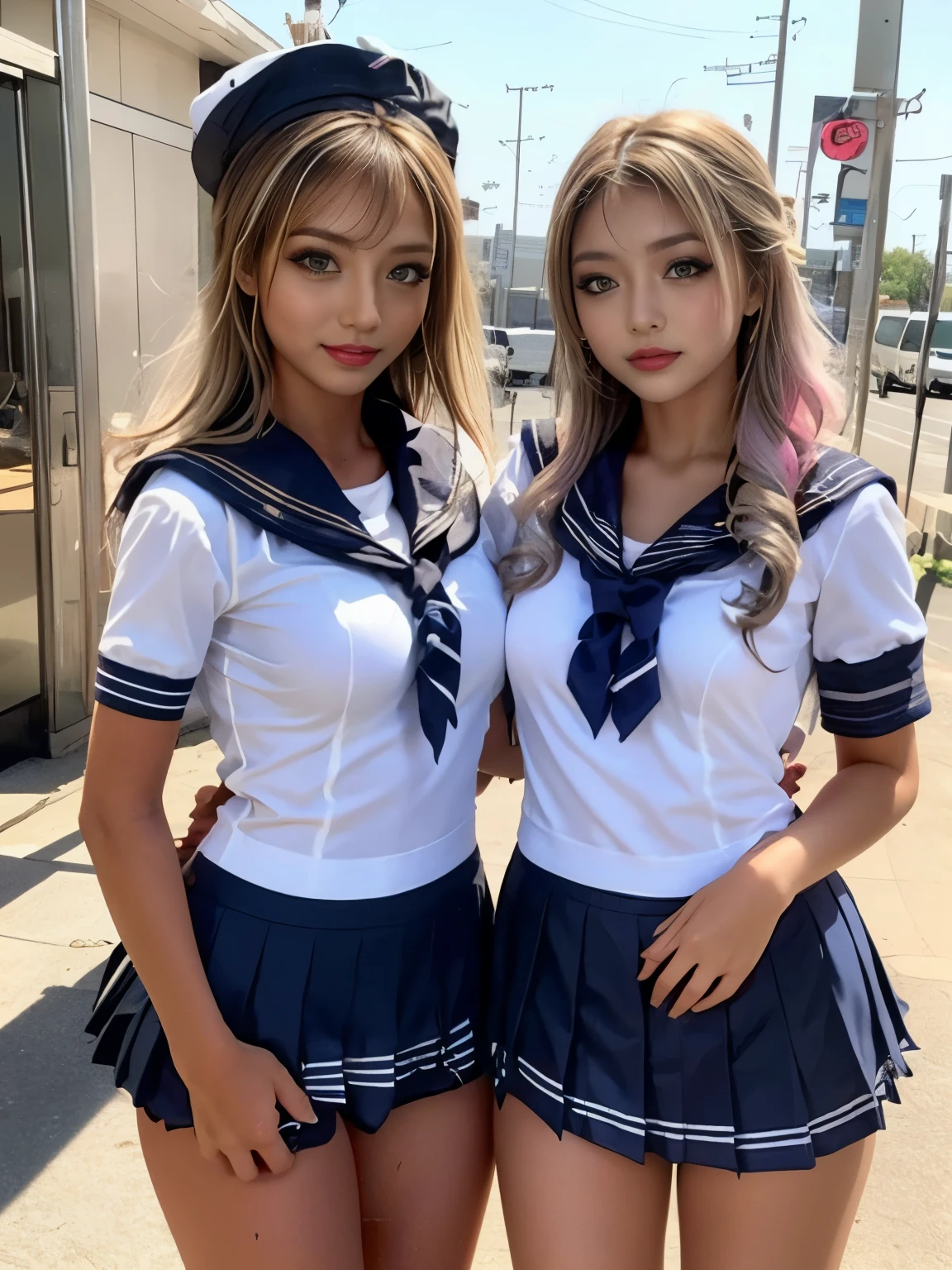 ミニスカートを履いたTwo peopleのhigh school girl:1.9,((Two people high school girl:2)),((Two people:2)),Dynamic Angle, Perfect body, night,moonlight,Exterior lights,Gal, (Anatomically correct),masterpiece, highest quality, RAW Photos, Realistic, face,Beautiful girls, cute, Written boundary depth, High resolution, Super detailed, detailed, ighly detailedd, Extremely detailed eye and realistic student, pale and tanned skin,Two peopleで,woman,(panties), (Short-sleeved sailor uniform:1.8),Spread your legs:1.6,Wide Hips, ((Sensual;1.5)), Glamour, Big Breasts,Sunburn marks on tanned skin,Pink Hair,blonde,Platinum Hair,Brown Hair,orange,Wavy Hair,Shortcuts,Pixie Cut,Cosplay,building,intersection,stage,Pedestrian bridge,vending machine,night,深night,Blurred Background:1.2,White panties,Pink panties,Yellow panties,Black panties,GirlTwo people:2,Two people:2, high school girl,