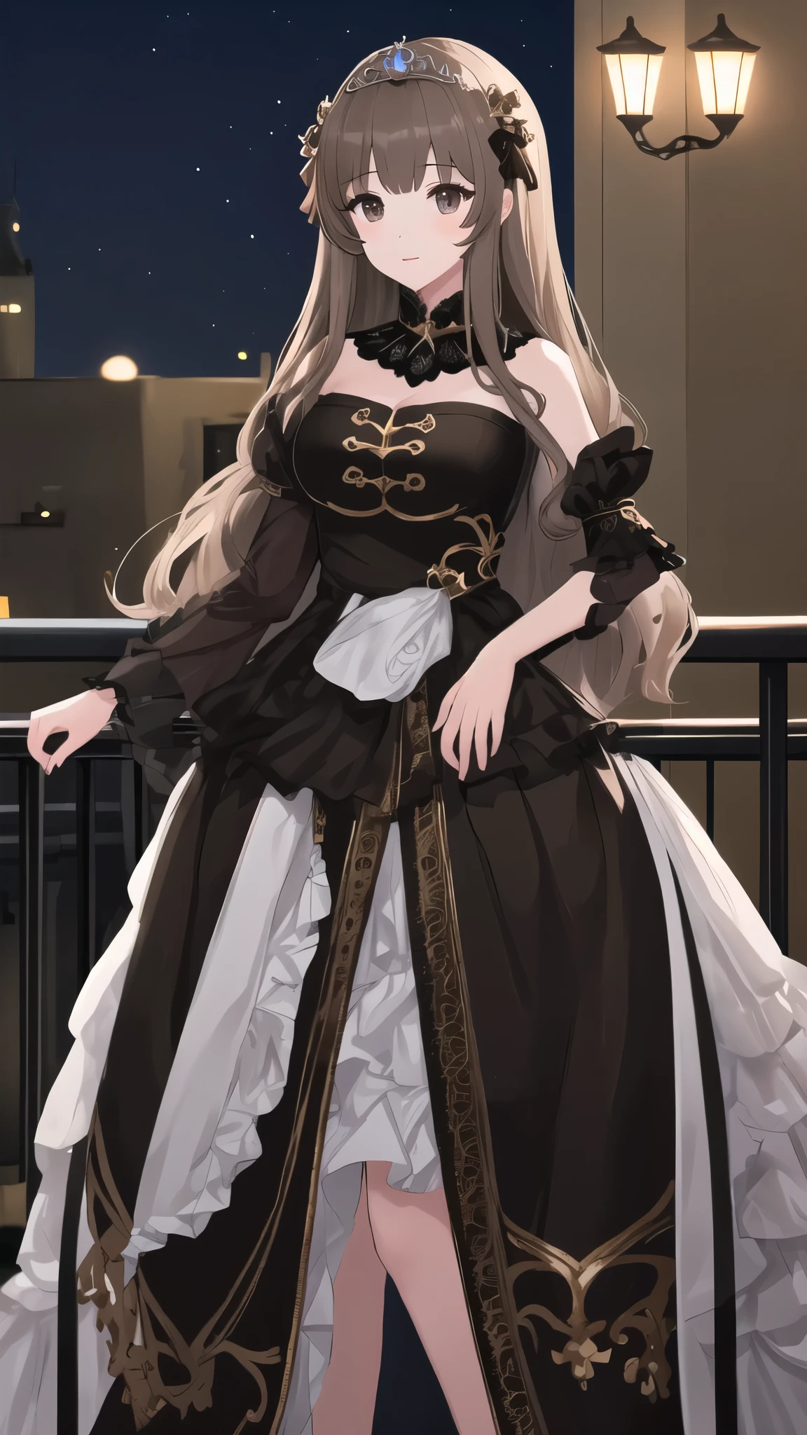 high quality, best detailed, 4k, 1girl, light brown hair, black eyes, cute face, beautiful sexy, princess outfit, standing at balcony, night time, princess outfit white sexy, heavy dark