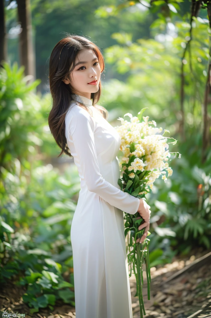 (best quality,4k,8k,highres,masterpiece:1.2),ultra-detailed,realistic,close-up portrait,Asian girl, intricate detail Vietnamese Ao Dai,beautiful detailed hair,lively colors,graceful pose,elegant atmosphere,vibrant flowers,soft sunlight,nostalgic vibes,sunlit cobblestones, ancient street,ancient architecture.