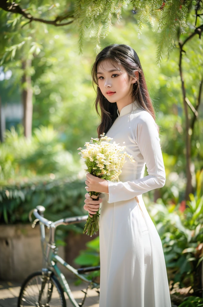 (best quality,4k,8k,highres,masterpiece:1.2),ultra-detailed,realistic,close-up portrait,Asian girl, intricate detail Vietnamese Ao Dai,beautiful detailed hair,lively colors,graceful pose,elegant atmosphere,vibrant flowers,soft sunlight,nostalgic vibes,sunlit cobblestones, ancient street,ancient architecture.