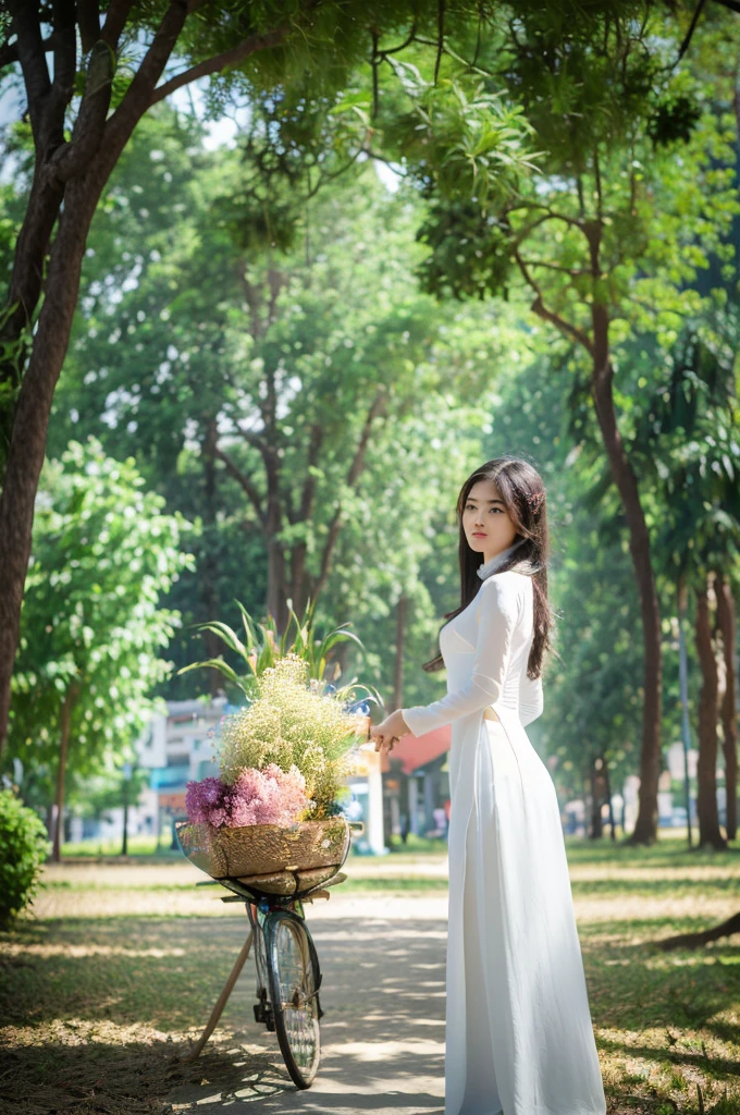 (best quality,4k,8k,highres,masterpiece:1.2),ultra-detailed,realistic,close-up portrait,Asian girl, intricate detail Vietnamese Ao Dai,beautiful detailed hair,lively colors,graceful pose,elegant atmosphere,vibrant flowers,soft sunlight,nostalgic vibes,sunlit cobblestones, ancient street,ancient architecture.