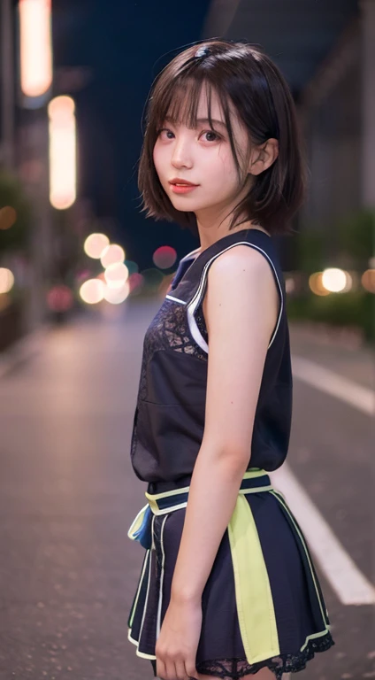 ((((Whole body 1.4)))),Body facing the viewer、Small breasts、Are standing、highest quality, 8k, 15-year-old student, Teen, RAW Photos, Absurd, Award-winning portraits, mouth, alone, night, neon, Idol'Face, Viola Lace, Gardenia, Delicate girl, Digital single-lens reflex camera, Looking at the audience, Frank, Sophisticated, Zola々right, Thin arms, Professional Lighting, Film Grain, chromatic aberration, (Eye and facial details:1.0), (Bokeh:1.1) , ,short hair、CA Costumes,mini skirt,Inside the plane