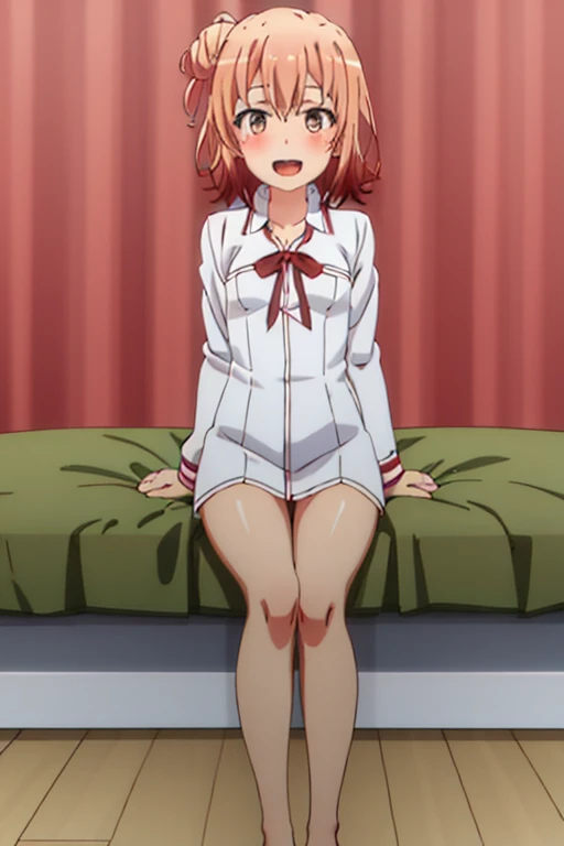 ((highest quality)), ((masterpiece)), (be familiar with), Perfect Face, indoor, Bedroom, Watching the audience,
One woman, Yuigahama Yui,
Open Mouth, Ecstatic expression, blush, smile,
Small breasts, Flat Chest, Young Girl, , , Girl,
Short Hair, Salmon-colored hair, Salmon-colored eyes, Side Pony,
Leg spread,