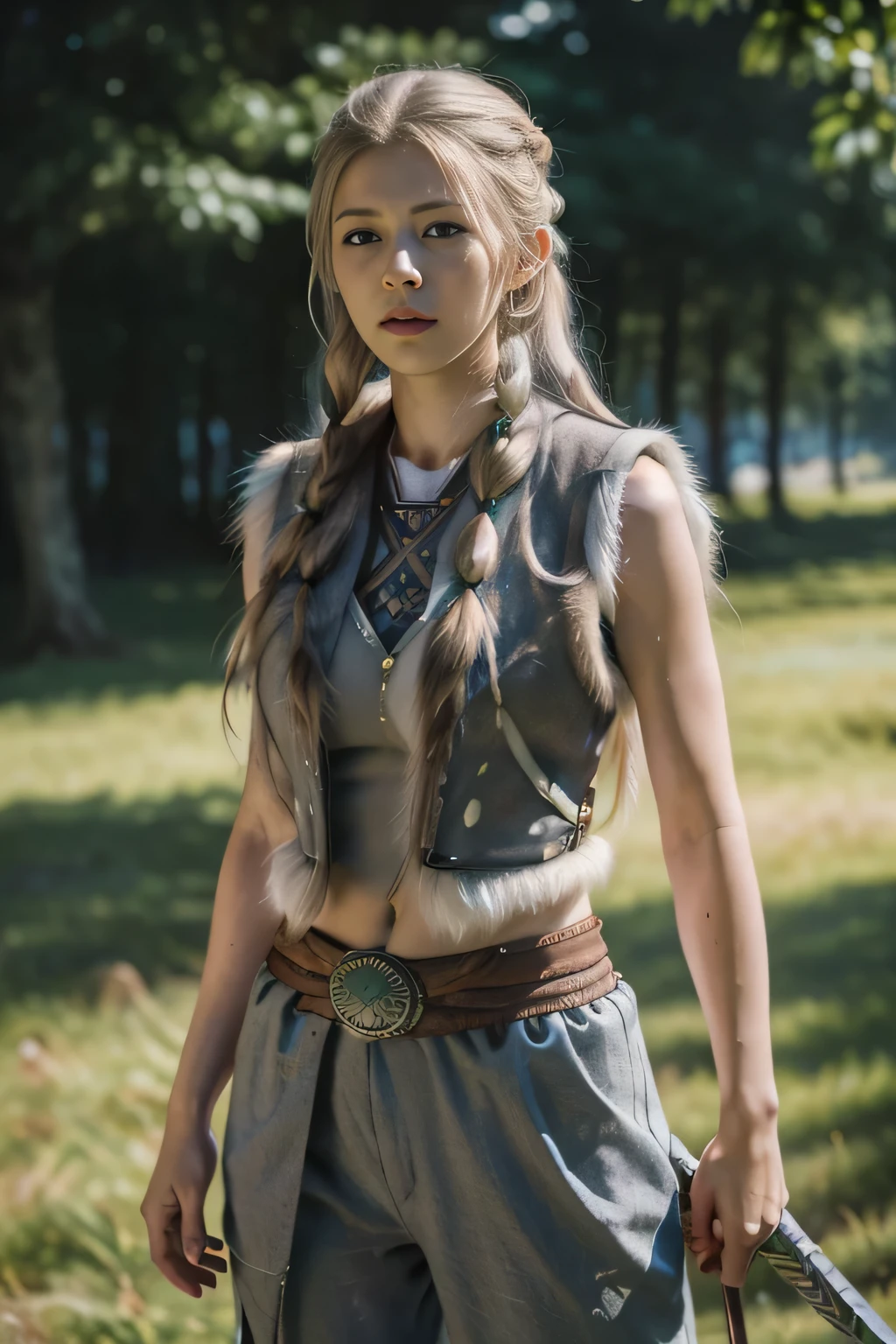 A beautiful Norwegian 24 years old girl, (Lagertha from vikings series:1.3), standing in front of a Forjd, sunny day, long wavy blonde hair shaved on the sides, hyper realistic eyes light grey-blue, slender body, medium size breasts, (full body shot, wearing a viking vest with fur, wearing a viking tunic under the vest, wearing viking pants , wearing viking shoes, wearing viking armor, wearing a viking shield on the back, white, brown, grey, green, blue, red, wearing viking jewelry:1.4), (masterpiece, best quality, high resolution:1.3), ready for war pose, skin pores texture, HD , Photography, movie, cinematic, Realistic, (8k, RAW photo, best quality, masterpiece:1.2), realistic, photo-realistic, determinded face, intense face, natural lighting, depth of field, film grain, wrinkled skin, pale skin, sharp, (freckles:0.5), staring at camera, natural lips, soft natural lighting, full body photography, magical photography, dramatic lighting, photo realism, ultra-detailed, intimate full body shot composition, Leica 50mm, detailed norwegian Fjord in the background,nude ,show tits