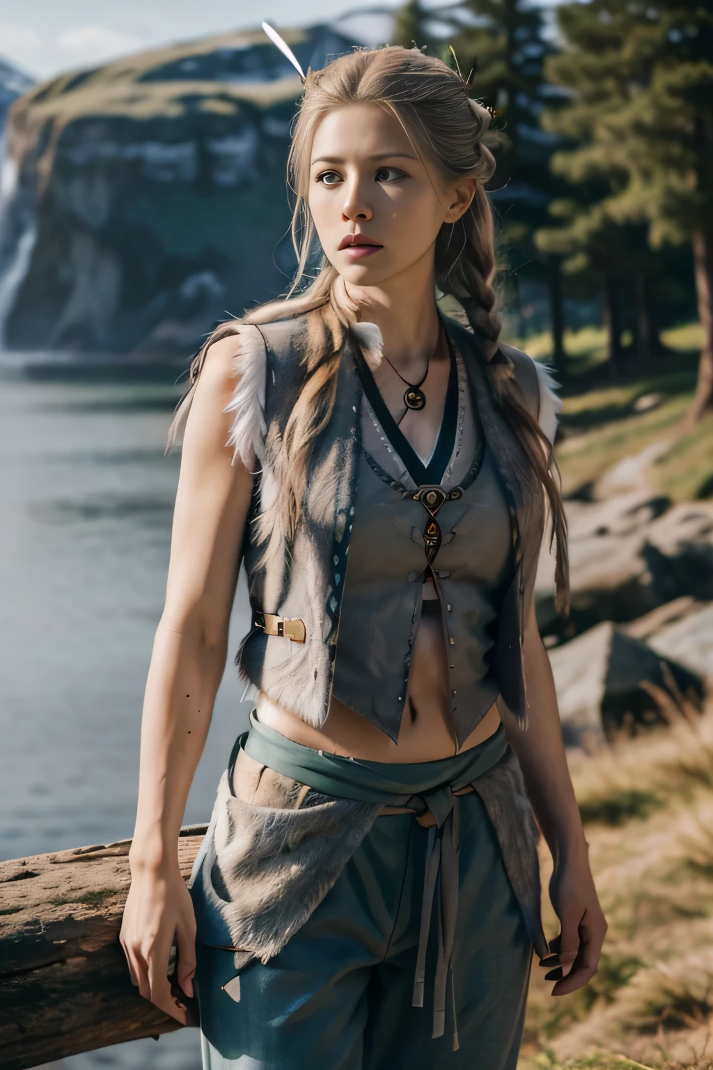 A beautiful Norwegian 24 years old girl, (Lagertha from vikings series:1.3), standing in front of a Forjd, sunny day, long wavy blonde hair shaved on the sides, hyper realistic eyes light grey-blue, slender body, medium size breasts, (full body shot, wearing a viking vest with fur, wearing a viking tunic under the vest, wearing viking pants , wearing viking shoes, wearing viking armor, wearing a viking shield on the back, white, brown, grey, green, blue, red, wearing viking jewelry:1.4), (masterpiece, best quality, high resolution:1.3), ready for war pose, skin pores texture, HD , Photography, movie, cinematic, Realistic, (8k, RAW photo, best quality, masterpiece:1.2), realistic, photo-realistic, determinded face, intense face, natural lighting, depth of field, film grain, wrinkled skin, pale skin, sharp, (freckles:0.5), staring at camera, natural lips, soft natural lighting, full body photography, magical photography, dramatic lighting, photo realism, ultra-detailed, intimate full body shot composition, Leica 50mm, detailed norwegian Fjord in the background,nude ,show tits