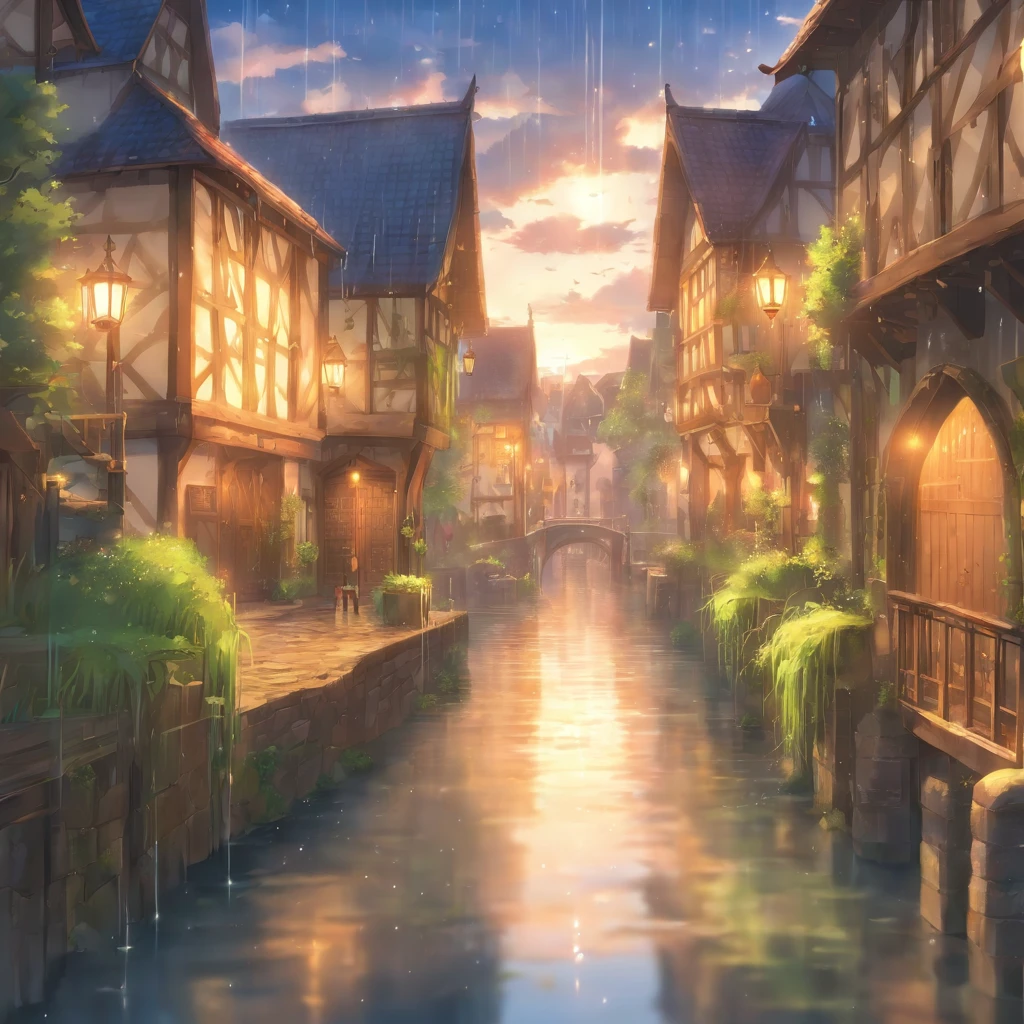 masterpiece highest quality landscape Streetscape A medieval European town wetlands High humidity rain Waterway Sparkling water droplets