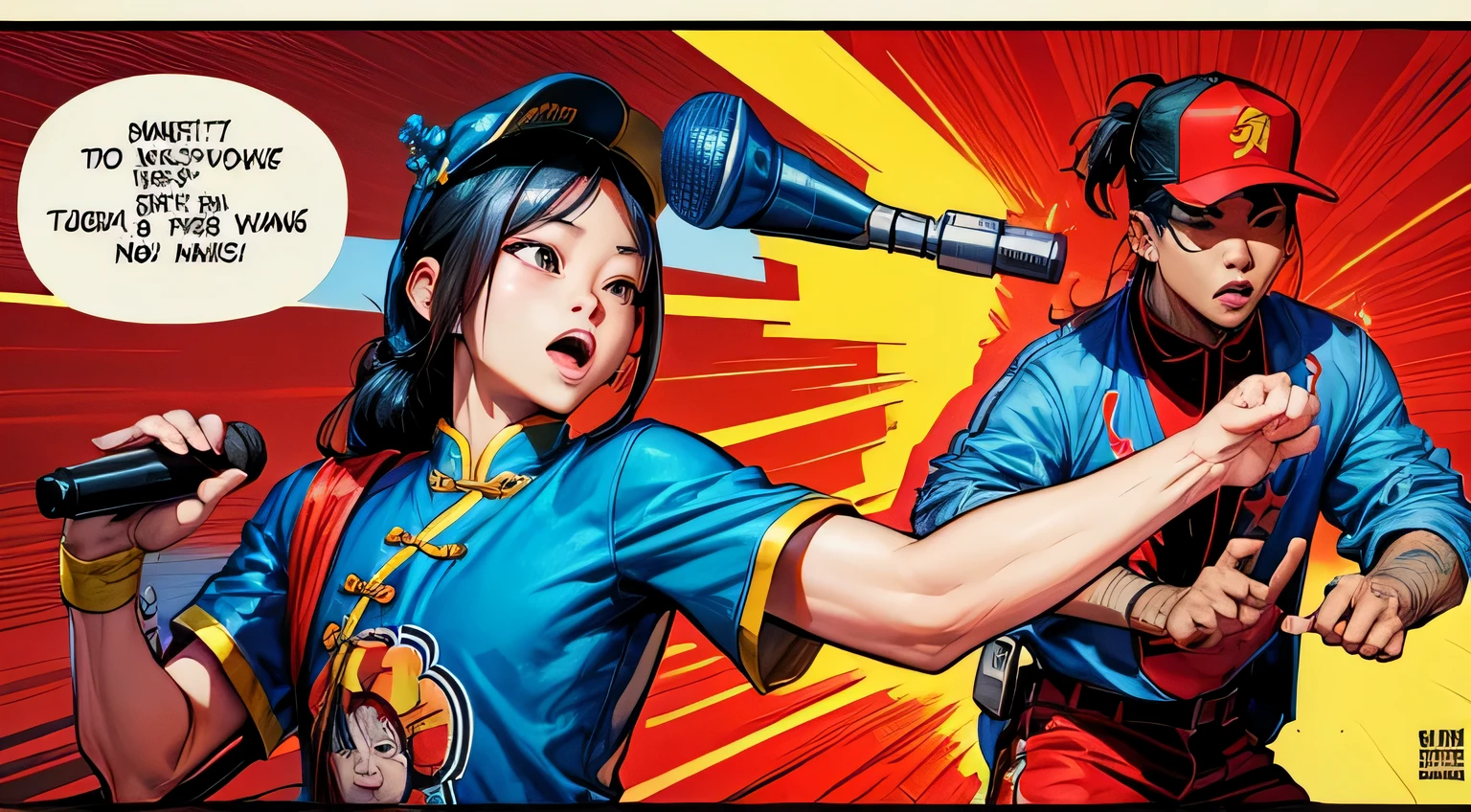 HIP-HOP　Chinese　child　I have a microphone　American comic book style