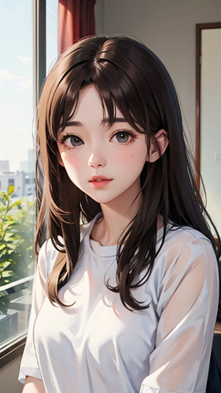 Blushing lightly and smiling, (Top quality masterpiece:1.2) Delicate illustrations, Very detailed, /Beautiful woman Japan in her 30s、1 person,Very cute and slim、Excellent style 、((8K images、super high quality))、Very delicate face, beautiful forehead、Red lipstick,(((((Long Hair、Gradient Hair、Brown Hair))))),Very cute Japanese cut face、Eyes and nose are clearly visible、Kind eyes,(White shirt、Slightly see-through underwear)、Hotel Rooms、Night view、shame