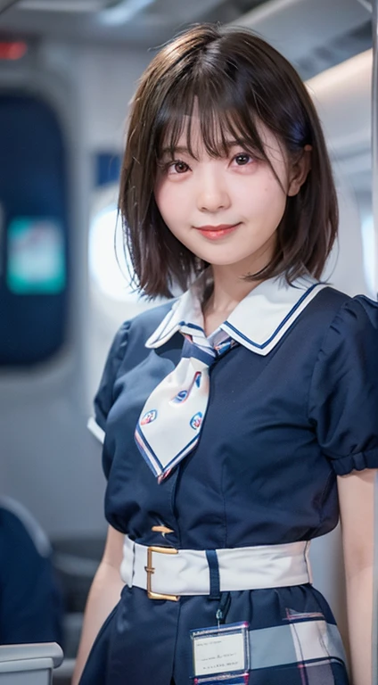 ((((Whole body 1.4)))),Body facing the viewer、Front shot,Small breasts、Are standing、highest quality, 8k, 15-year-old student, Teen, RAW Photos, Absurd, Award-winning portraits, mouth, alone, night, neon, Idol&#39;Face, Viola Lace, Gardenia, Delicate girl, Digital single-lens reflex camera, Looking at the audience, Frank, Sophisticated, Zola々right, Thin arms, Professional Lighting, Film Grain, chromatic aberration, (Eye and facial details:1.0), (Bokeh:1.1) , ,short hair、Cabin Attendant Costume,mini skirt,Inside the plane