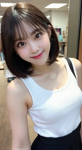 Tabletop, highest quality, figure, Very detailed, In detail, High resolution, 8k wallpaper, Perfect dynamic composition, Beautiful fine details, Women's Fashion Summer,Short Bob Hair,, Bold sexy pose,smile,Harajuku,20-year-old girl,cute,sexy shot looking at camera,No sleeve,Lightweight shirt,(Underarm)