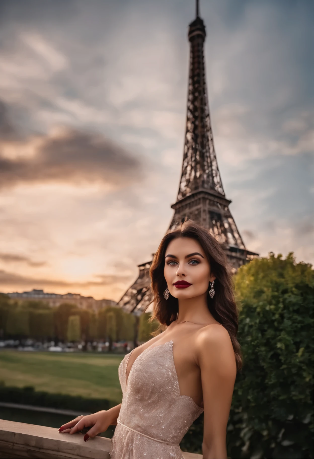 influencer femenina blanca realista de instagram, mejor calidad, rubio, 1 chica, blue eyes, con vestido corto oscuro y ajustado, in Paris in front of the Eiffel Tower