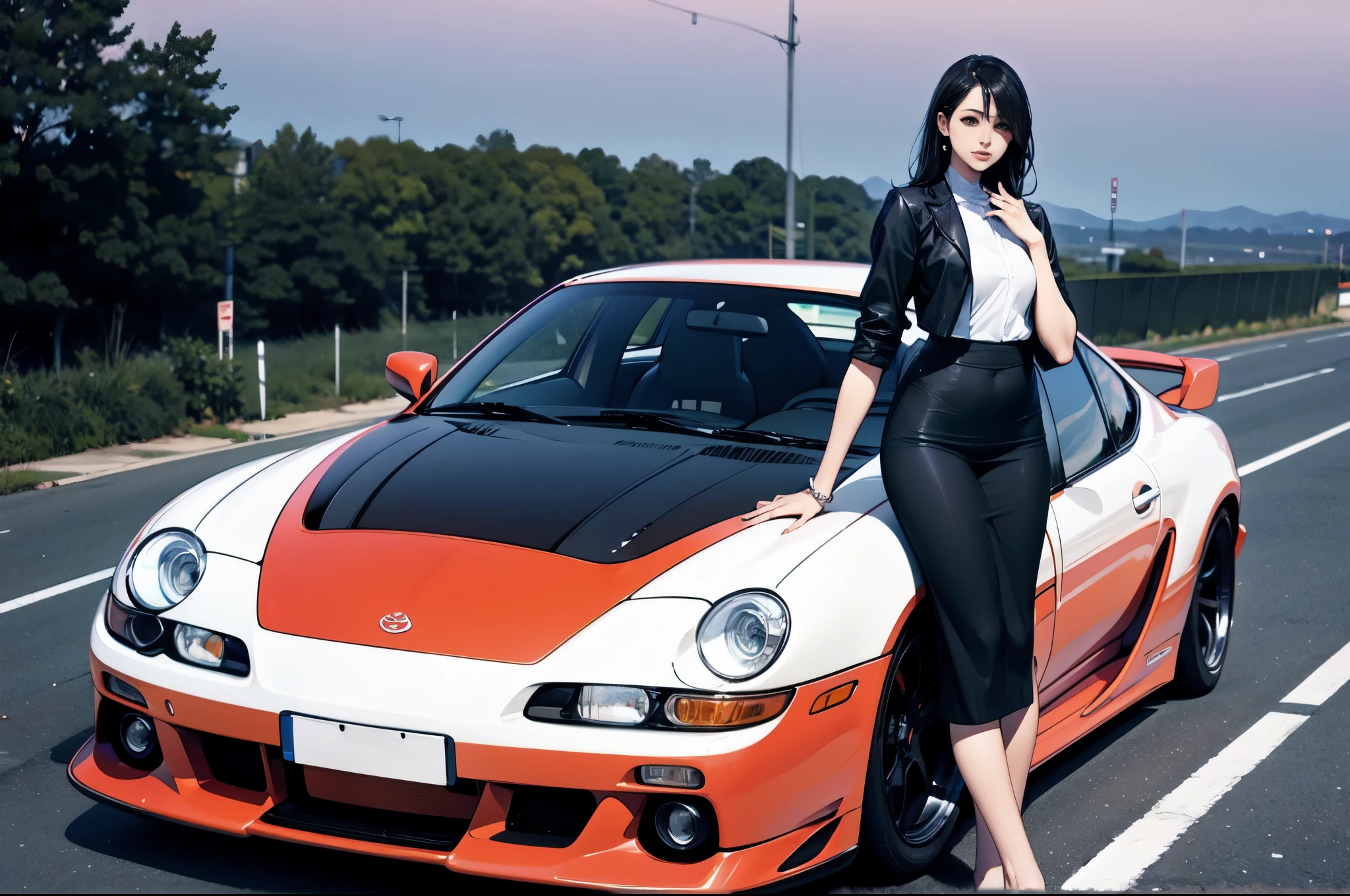 Arabian woman standing next to a black sports car on the road, Kentaro Miura style, Kentaro Miura style, miura kentaro, Kentaro Miura style, Widebody, But 8 6, Fine art, High-quality images, toyota supra, changed