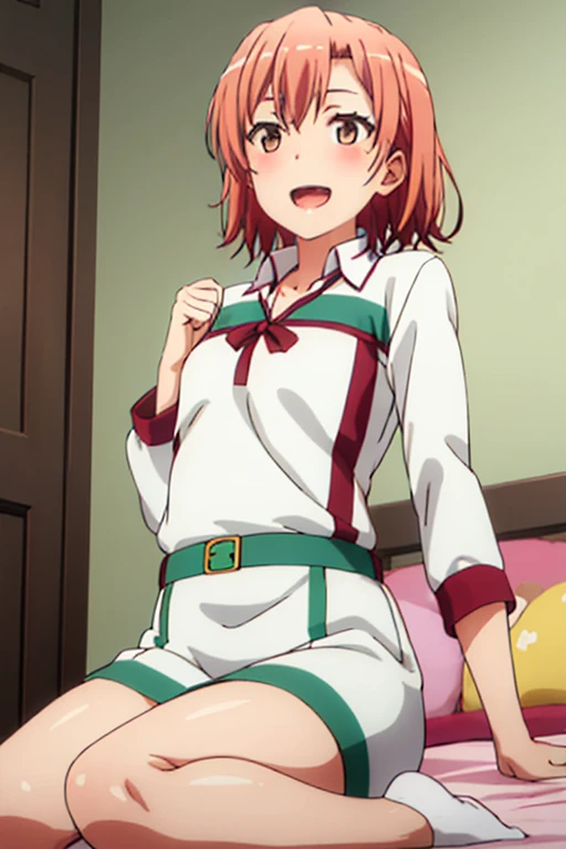 ((highest quality)), ((masterpiece)), (be familiar with), Perfect Face, indoor, Bedroom, Watching the audience,
One woman, Yuigahama Yui,
Open Mouth, Ecstatic expression, blush, smile,
Small breasts, Flat Chest, Young Girl, , , Girl,
Short Hair, Salmon-colored hair, Salmon-colored eyes, Side Pony,
Leg spread,