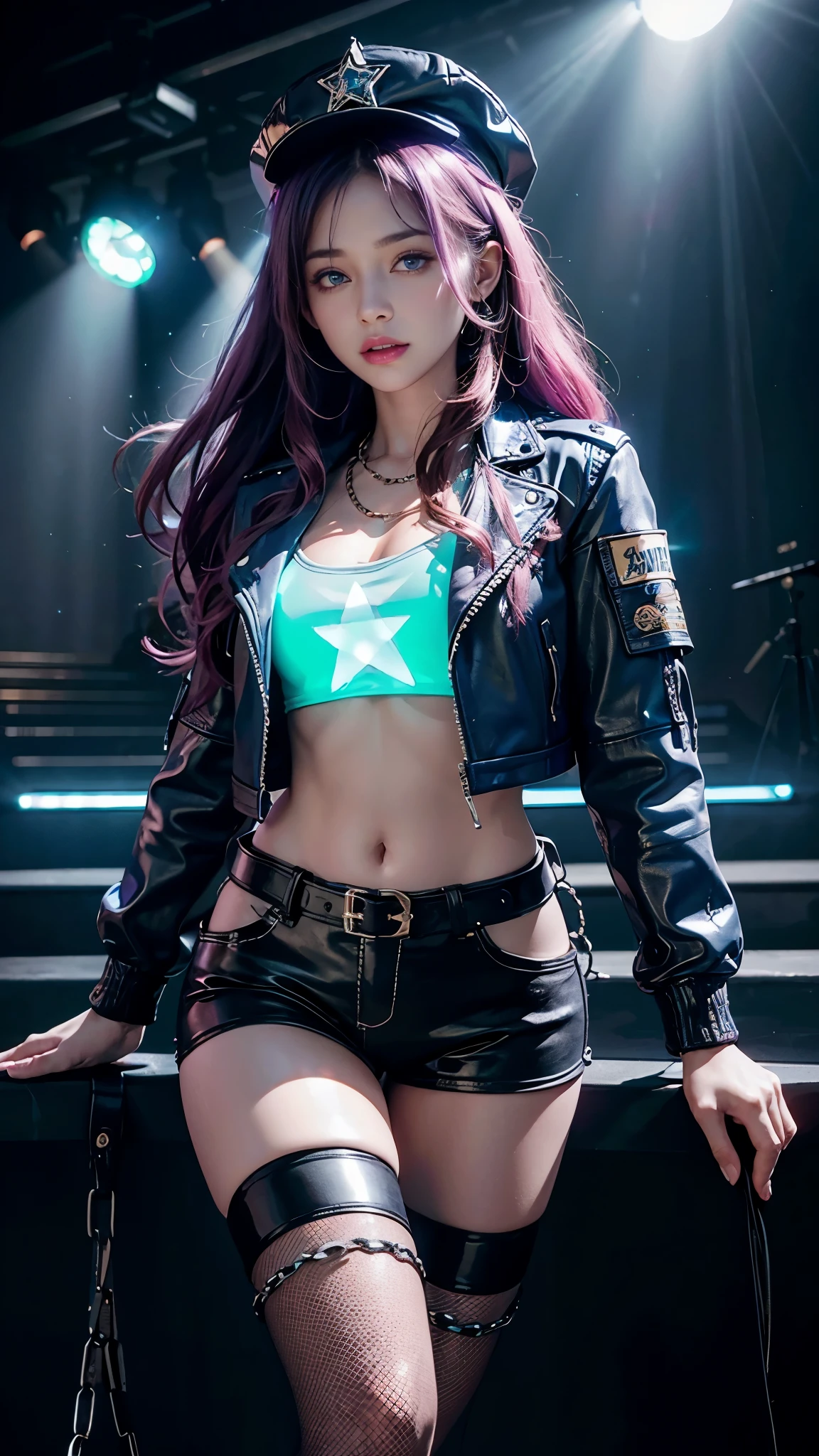 8K, ultra hd, masterpiece, hd colors, 1 girl, perfect face, very long curly hair, detailed eyes, rockstar shining outfit, ((blue leather jacket)), rockstar hat, stocking, lace, ((chain)), stars, bare navel, jwellery, Realistic club, lighting stage, (spot light:1.5), night club, decorated stage, bulbs, (glowing light:1.5), bloom lighting, foggy effect, front body pose,