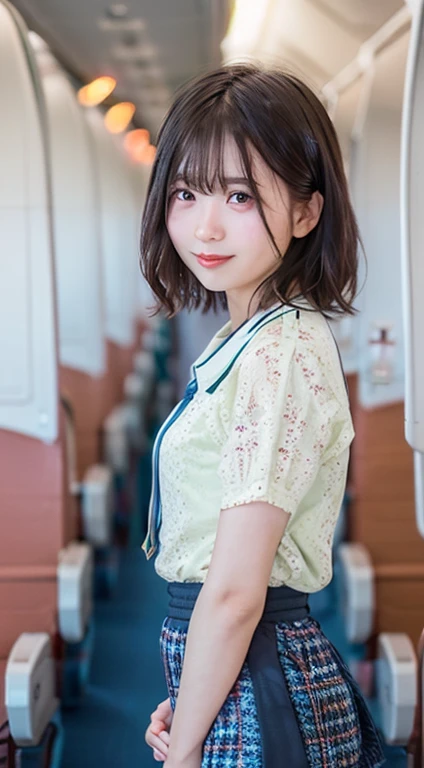 ((((Whole body 1.4)))),Body facing the viewer、Front shot,Small breasts、Are standing、highest quality, 8k, 15-year-old student, Teen, RAW Photos, Absurd, Award-winning portraits, mouth, alone, night, neon, Idol&#39;Face, Viola Lace, Gardenia, Delicate girl, Digital single-lens reflex camera, Looking at the audience, Frank, Sophisticated, Zola々right, Thin arms, Professional Lighting, Film Grain, chromatic aberration, (Eye and facial details:1.0), (Bokeh:1.1) , ,short hair、Cabin Attendant Costume,mini skirt,Inside the plane