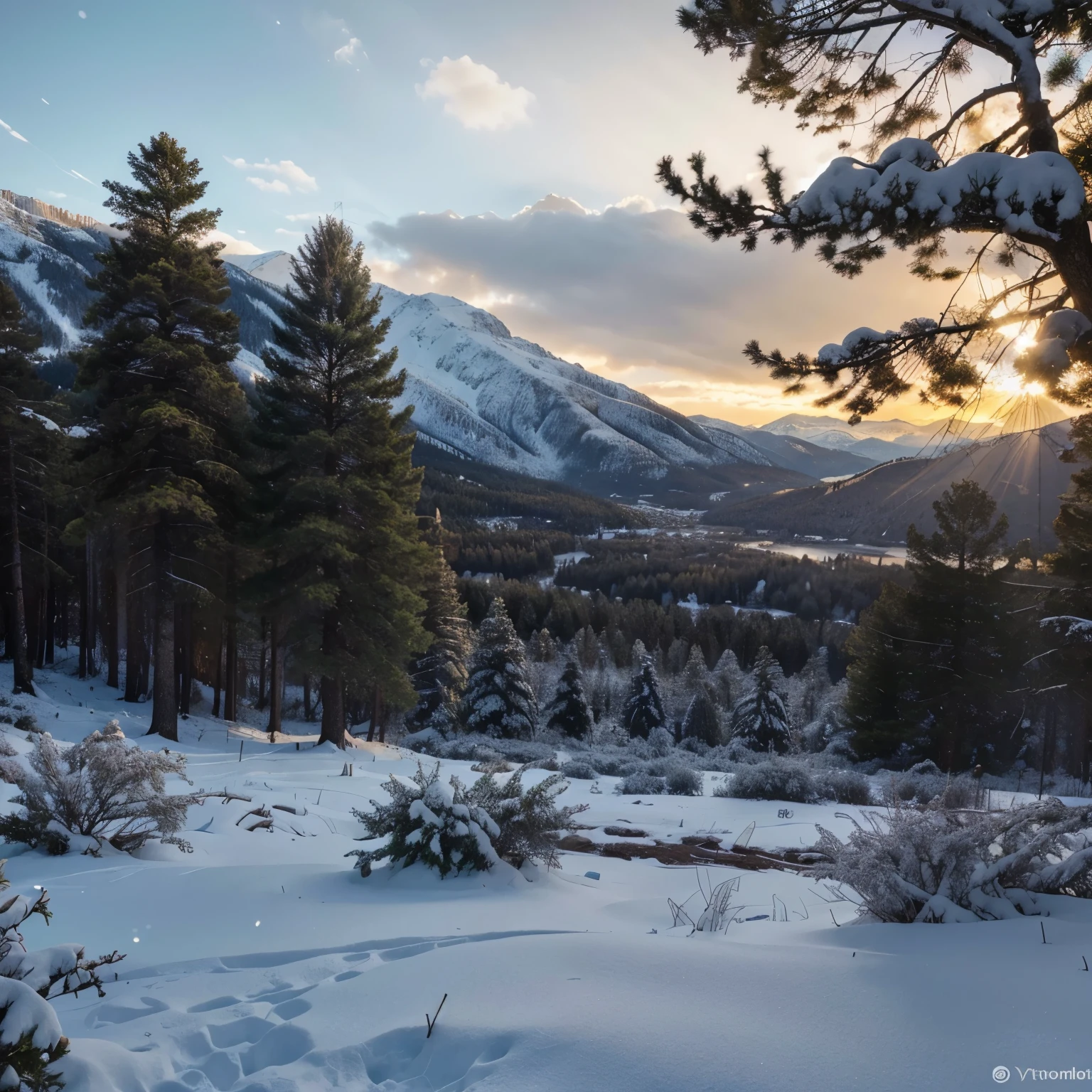 Landscape of a mountain valley, ((Pine trees at the foot of the mountains)), ((Snow on top of the mountains)), cinematographic, 8k, detallado, realista, renderizado de octanaje, (((detalles intrincados)), hdr, ((detalles intrincados, hyperdetallado)), photorealista, ultrarealista, realista shadows, realista lighting