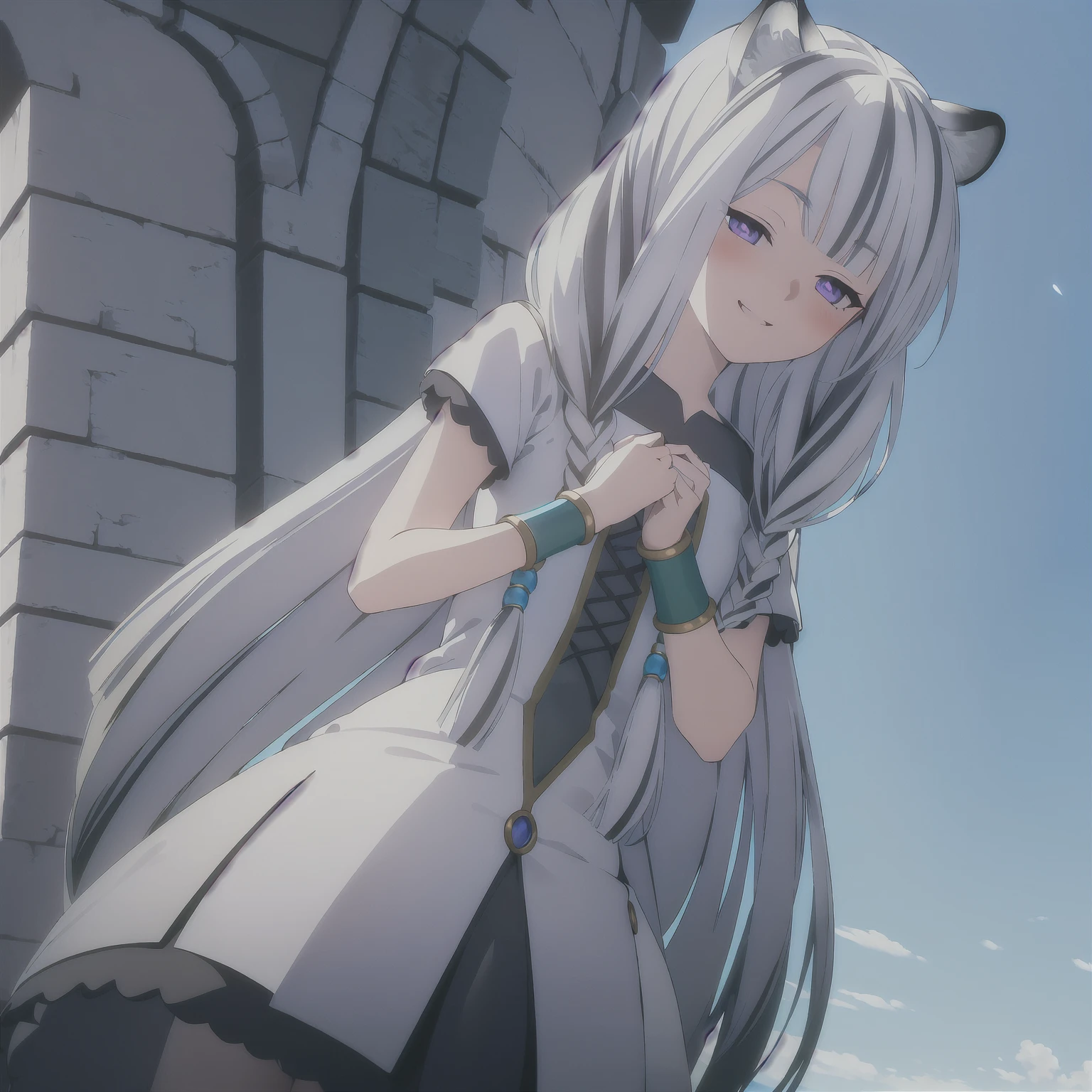 ((masterpiece)), (best quality), (ultra-detailed), photorealistic, (best illustration), ((an extremely delicate and beautiful)), 1girl, solo, long hair, tiger ears, [:tiger tail under:0.2], white hair, two-tone hair, feet out of frame, purple highlights on dress, (Black dress:1), multicolored dress, cross-laced, standing, purple eyes, black skirt, short sleeves, detailed scenery, blue sky, horizon, low twin braids, twin braids, hair ornament, bracelet, (hand on own chest:0.9), blushing, glowing eyes, cute, 4 point star tattoo on cheeks, whip in hands, sadistic smile, evil.