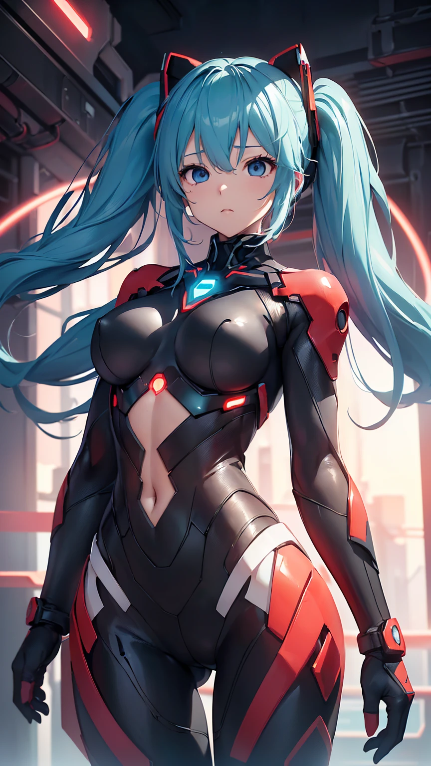 最high quality、Best image quality、masterpiece、Hatsune Miku VOCALOID、、Android Girl((18-year-old、red, A glowing black and blue cyber suit、Blue energy source on chest,Best Bust、Big Breasts、Bust 90、Twin tails、Light blue eyes、Light blue hair、Open your chest wide、valley、happiness、Slender、Shy face、Tight-fitting inner suits、Please stand in front、Countless cable connections throughout the body、Particles of light、Sharp clawed arms))high quality、Beautiful art、background((Research Facilities、Neon color、Cyber World、red lighting))、Tabletop、Exquisite design、Visual Arts、Feature films、depth(The rampaging android army)